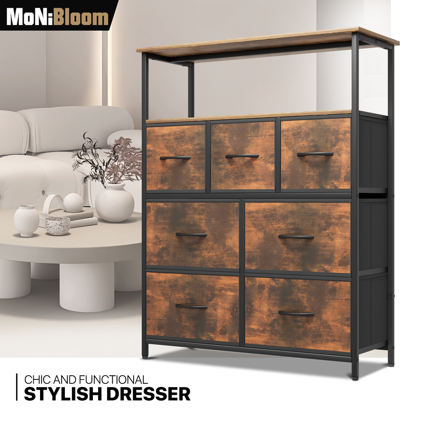 40" Height Dresser - 7 Fabric Drawer- Metal Frame - MDF Top