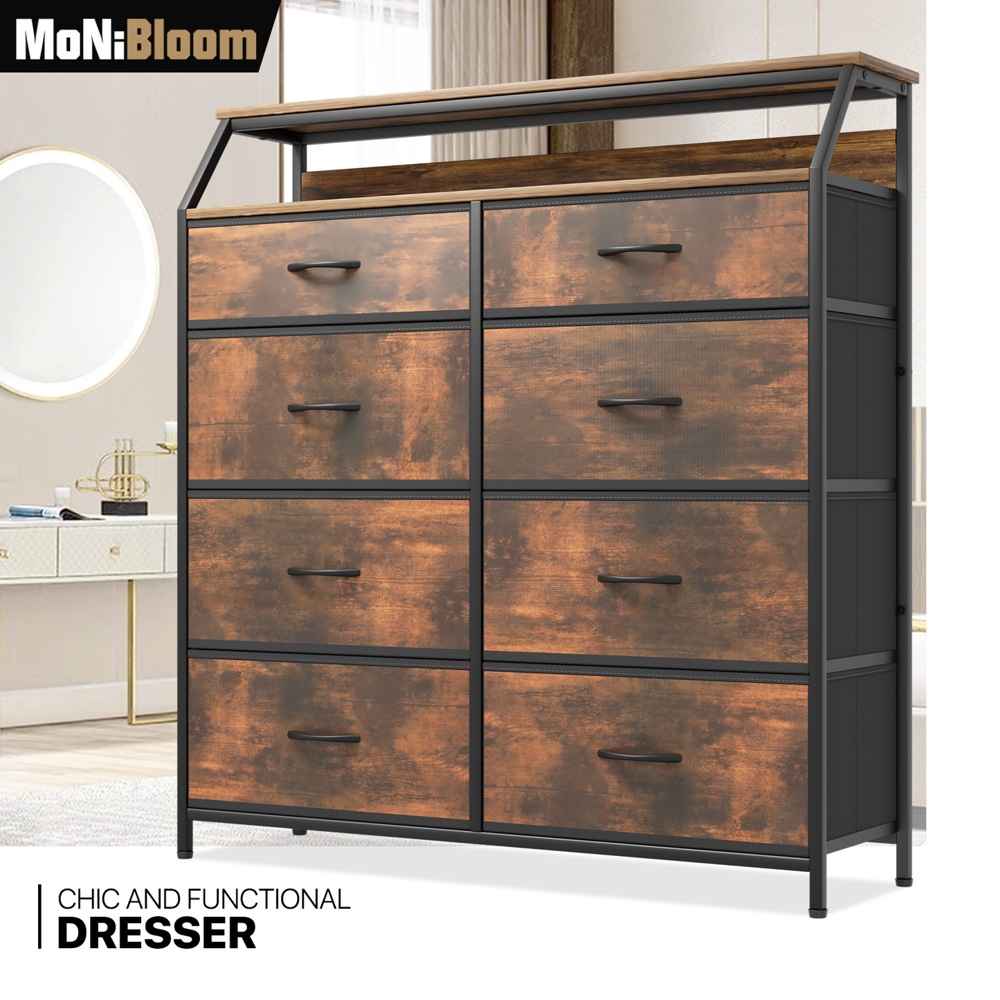 42.5" Height Dresser - 8 Fabric Drawer- Metal Frame - MDF Top