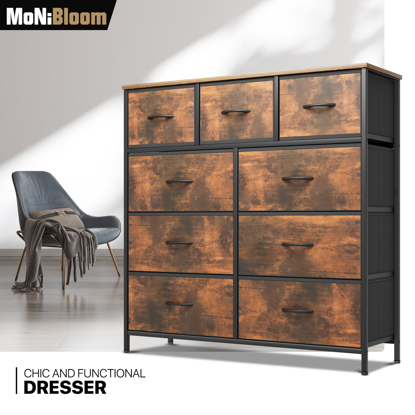 40" Dresser Model Fabric Drawer Metal Frame, 9-Drawer