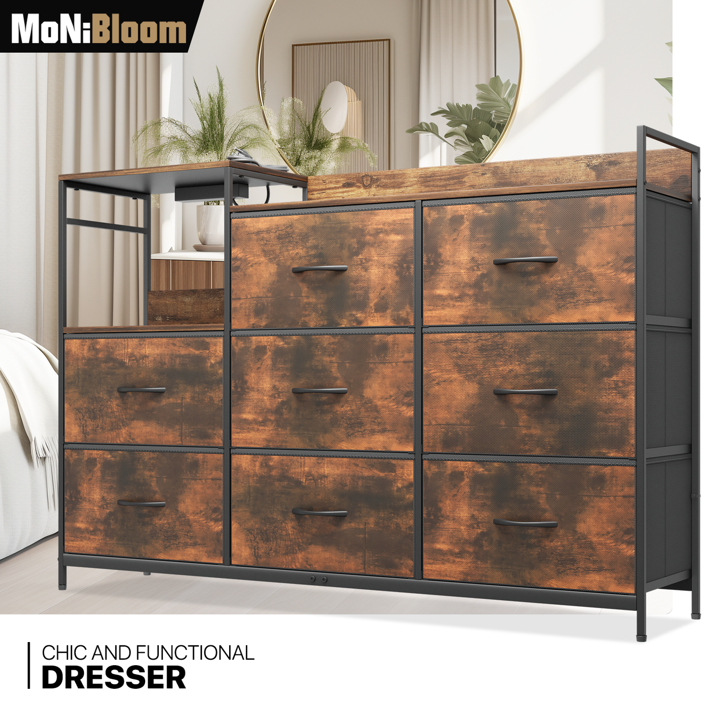 50.5" Height Dresser - 8 Fabric Drawer- Metal Frame - w/Power strip 3 Plug+2 USB Port