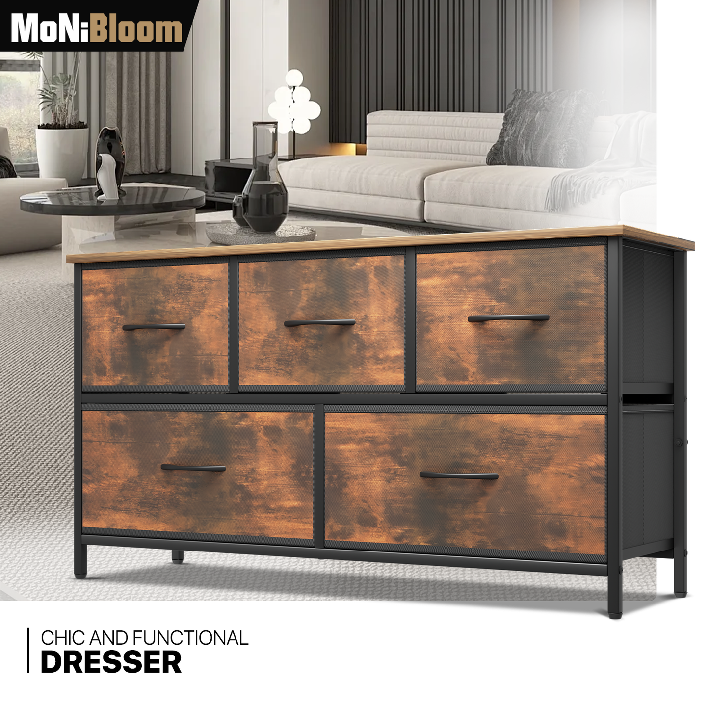 22" Height Dresser - 5 Fabric Drawer- Metal Frame - MDF Top