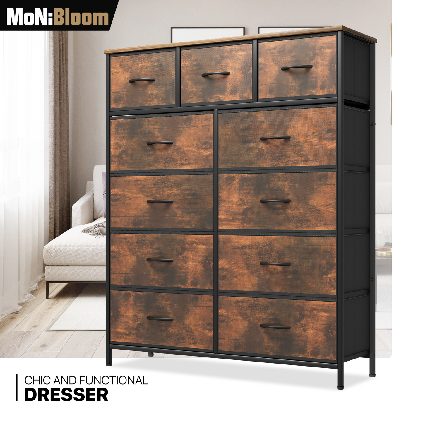 49" Height Dresser - 11 Fabric Drawer- Metal Frame - MDF Top