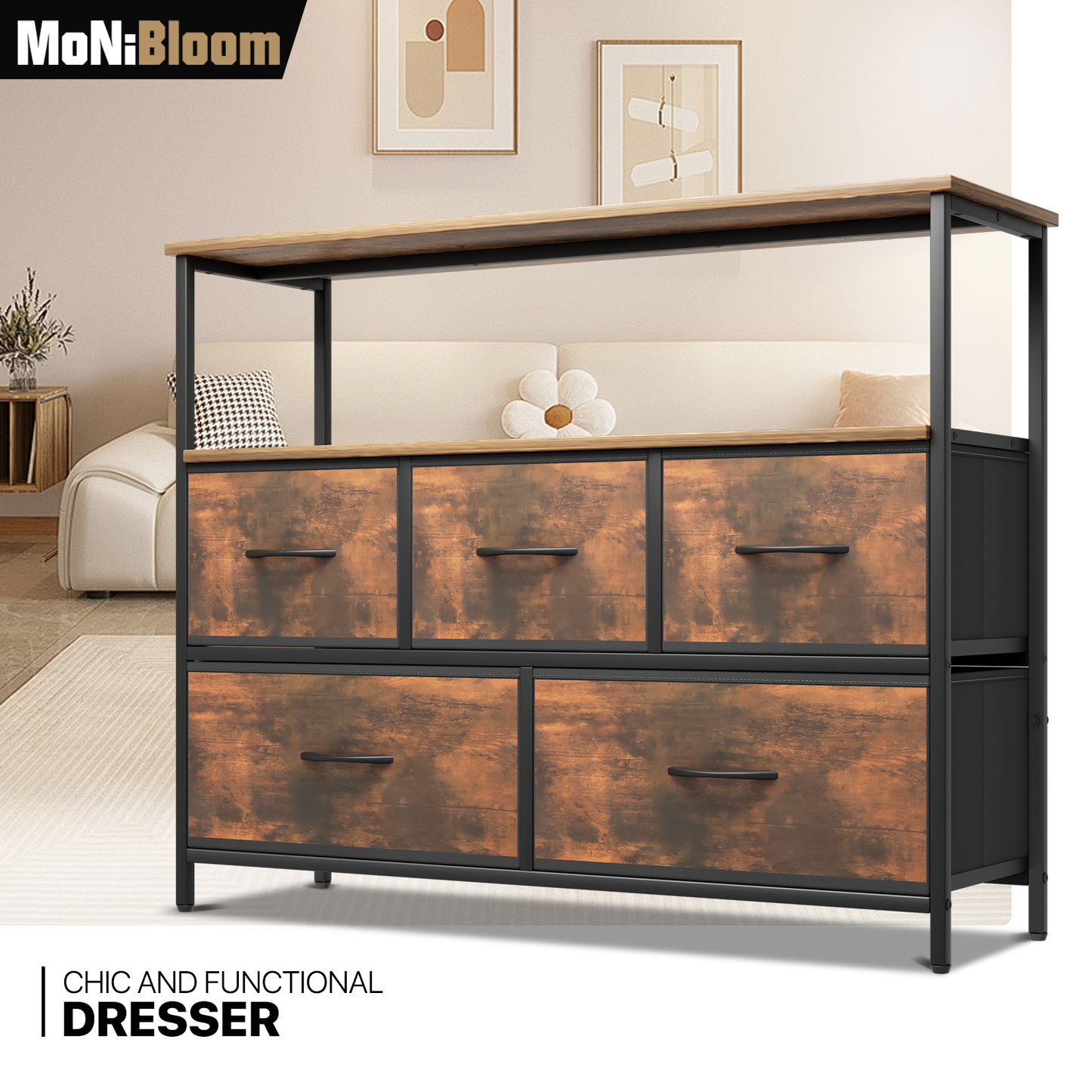 31" Height Dresser - 5 Fabric Drawer- Metal Frame - MDF Top