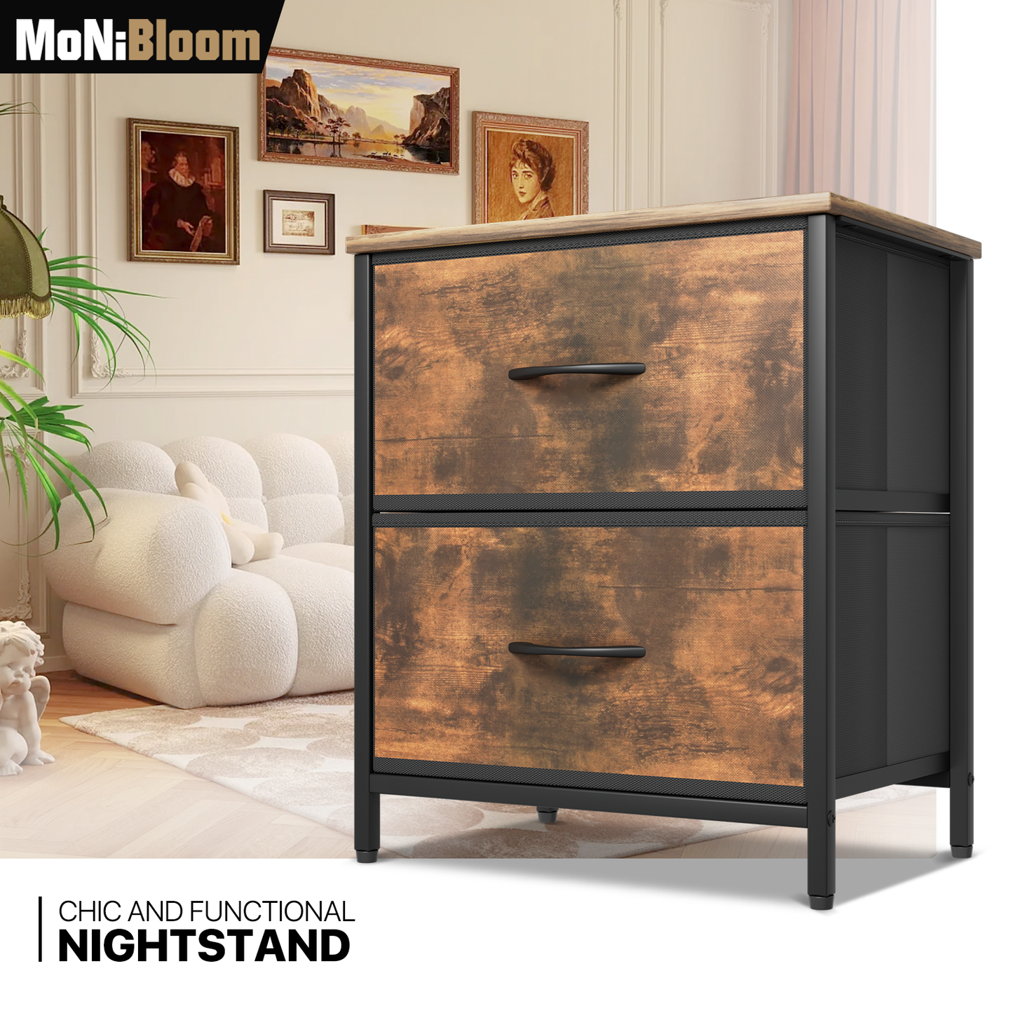 21" Nightstand Fabric Drawer Metal Frame, 2-Drawer