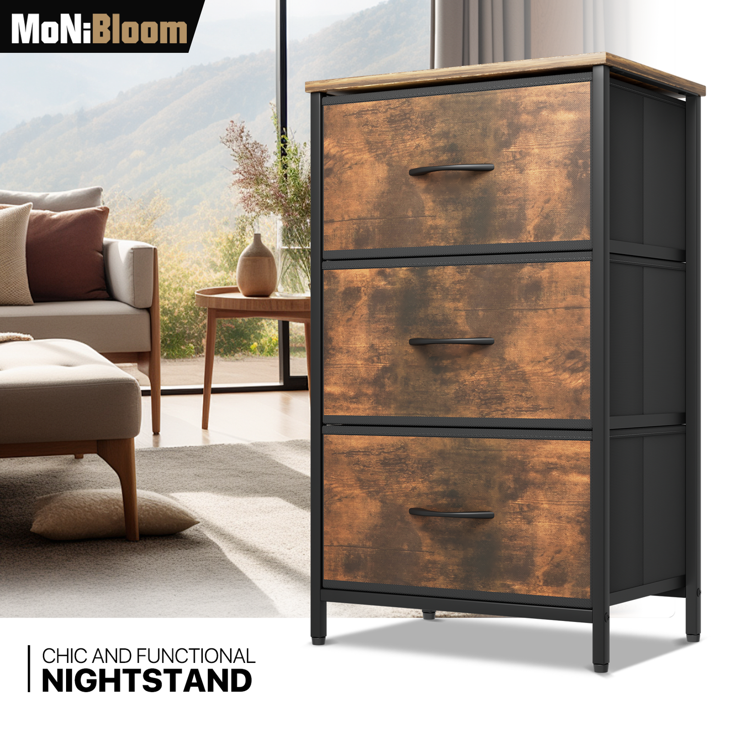 30" Nightstand Fabric Drawer Metal Frame, 3-Drawer