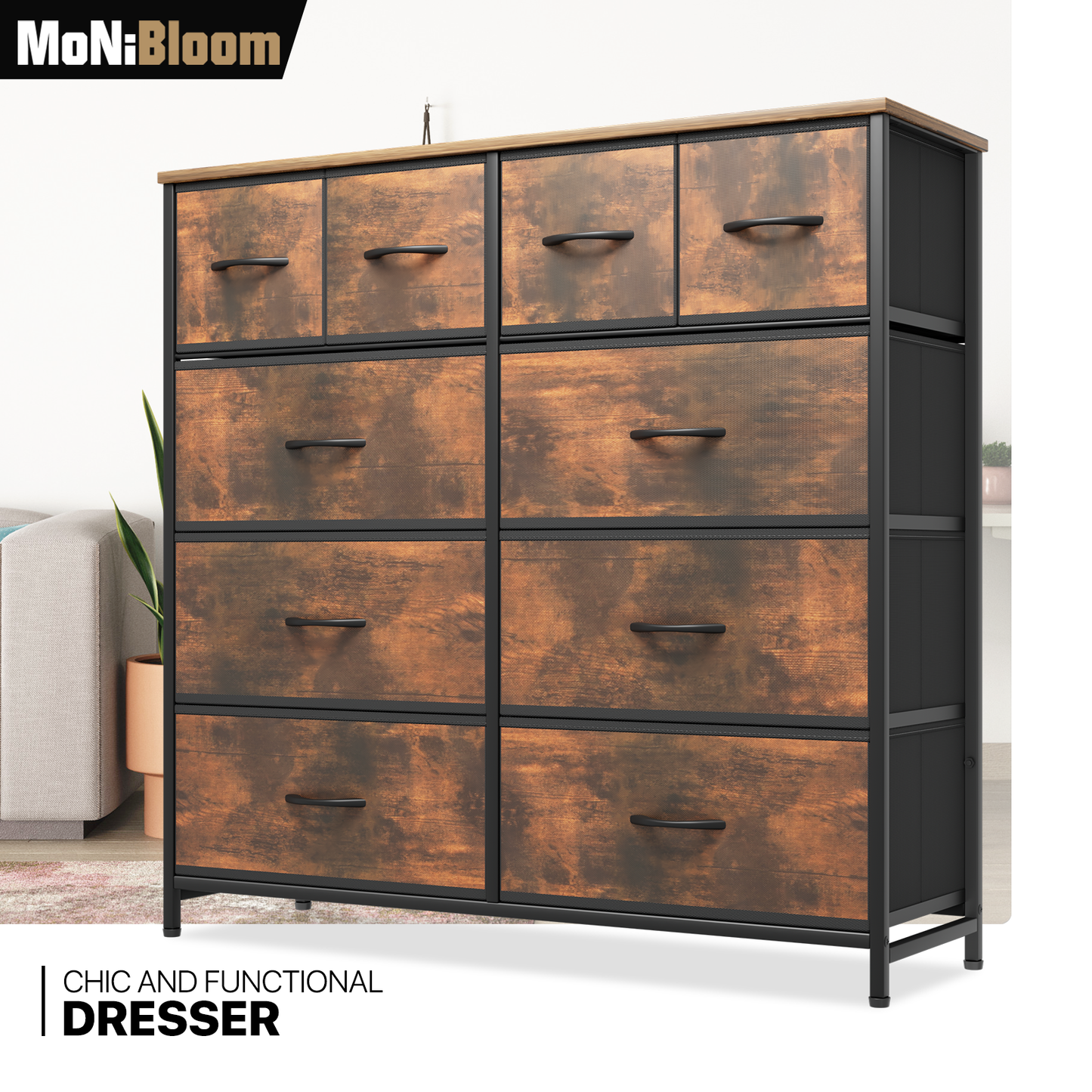 39.25" Height Dresser - 10 Fabric Drawer- Metal Frame - MDF Top