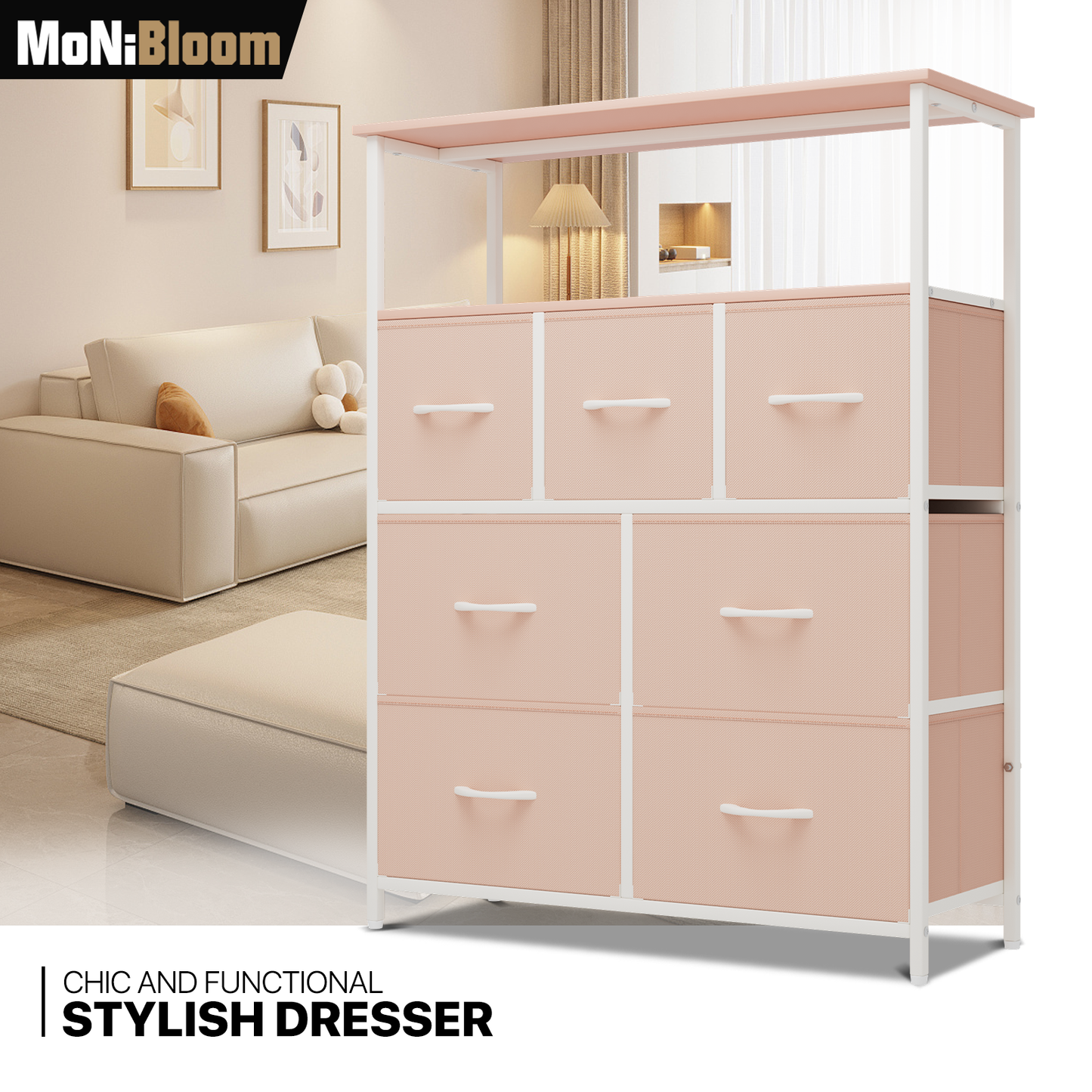 40" Height Dresser - 7 Fabric Drawer- Metal Frame - MDF Top