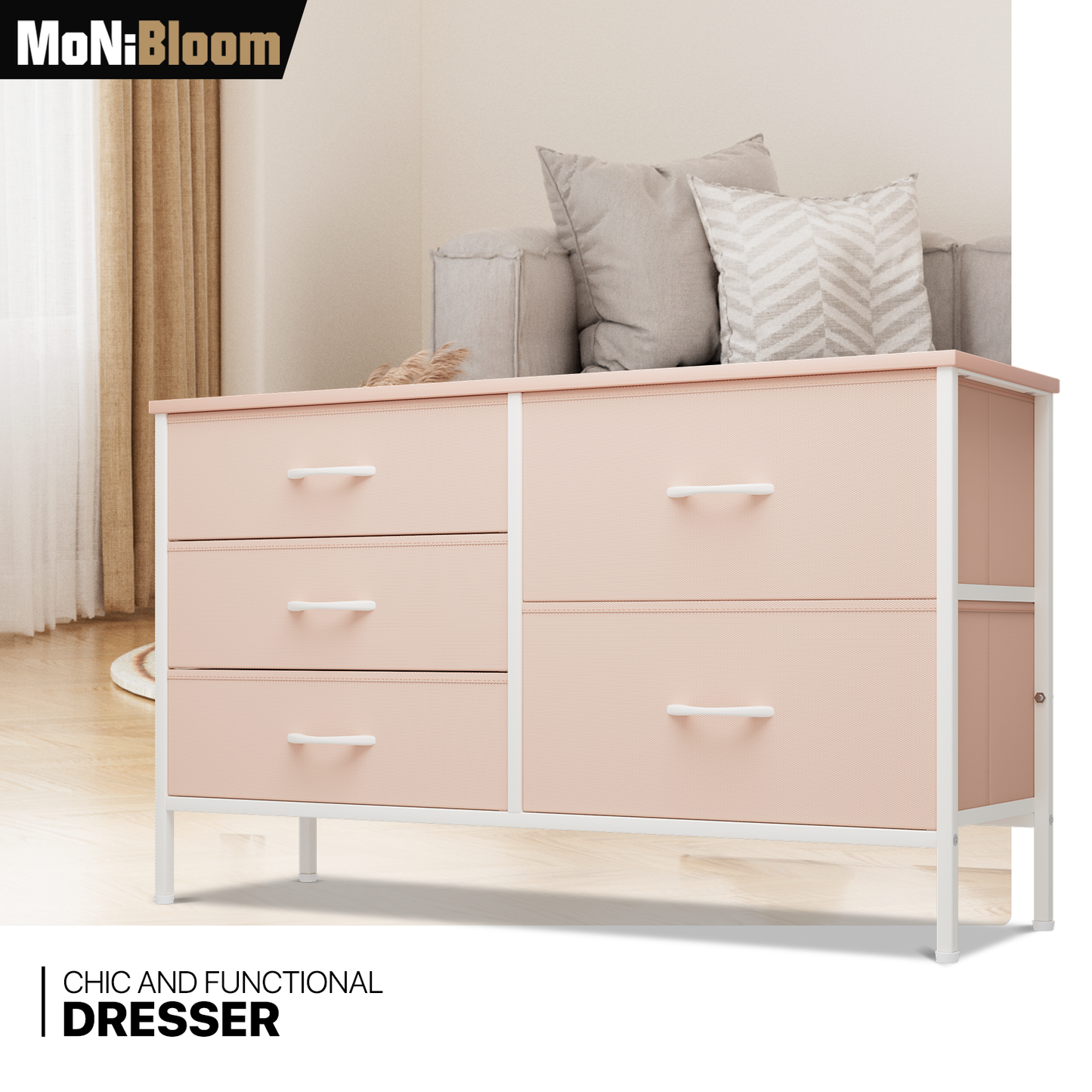 21.5" Height Dresser - 5 Fabric Drawer- Metal Frame - MDF Top