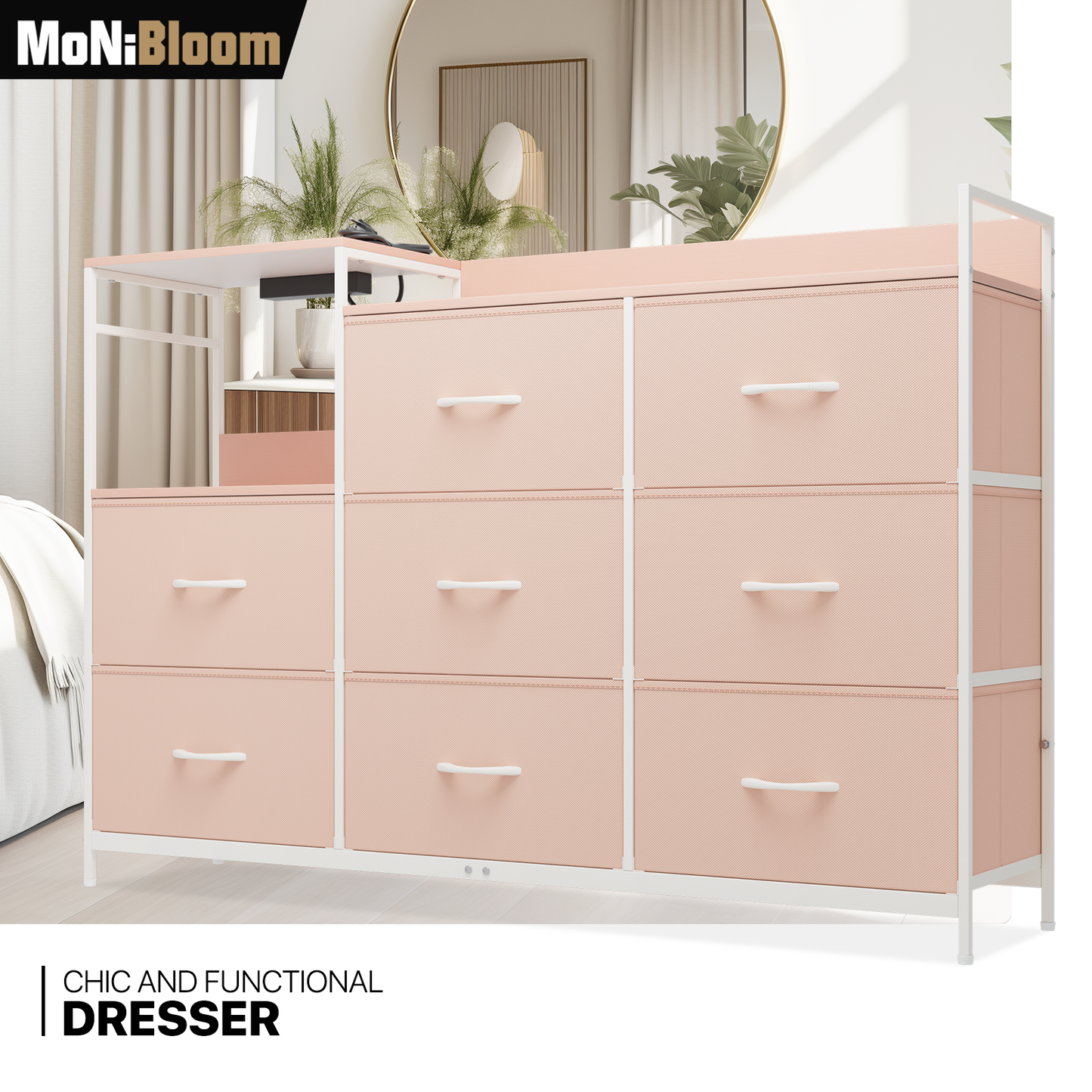 50.5" Height Dresser - 8 Fabric Drawer- Metal Frame - w/Power strip 3 Plug+2 USB Port