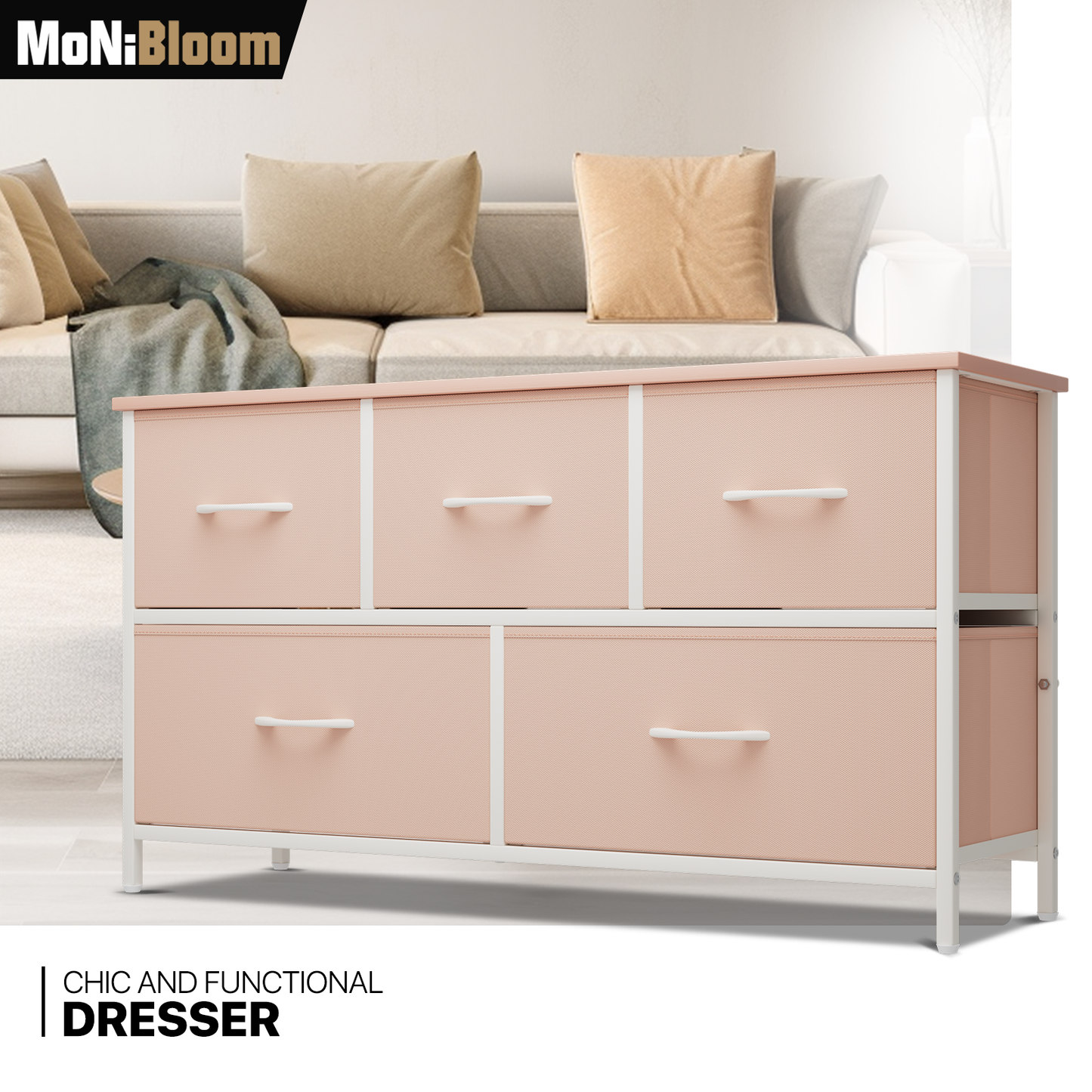 22" Height Dresser - 5 Fabric Drawer- Metal Frame - MDF Top