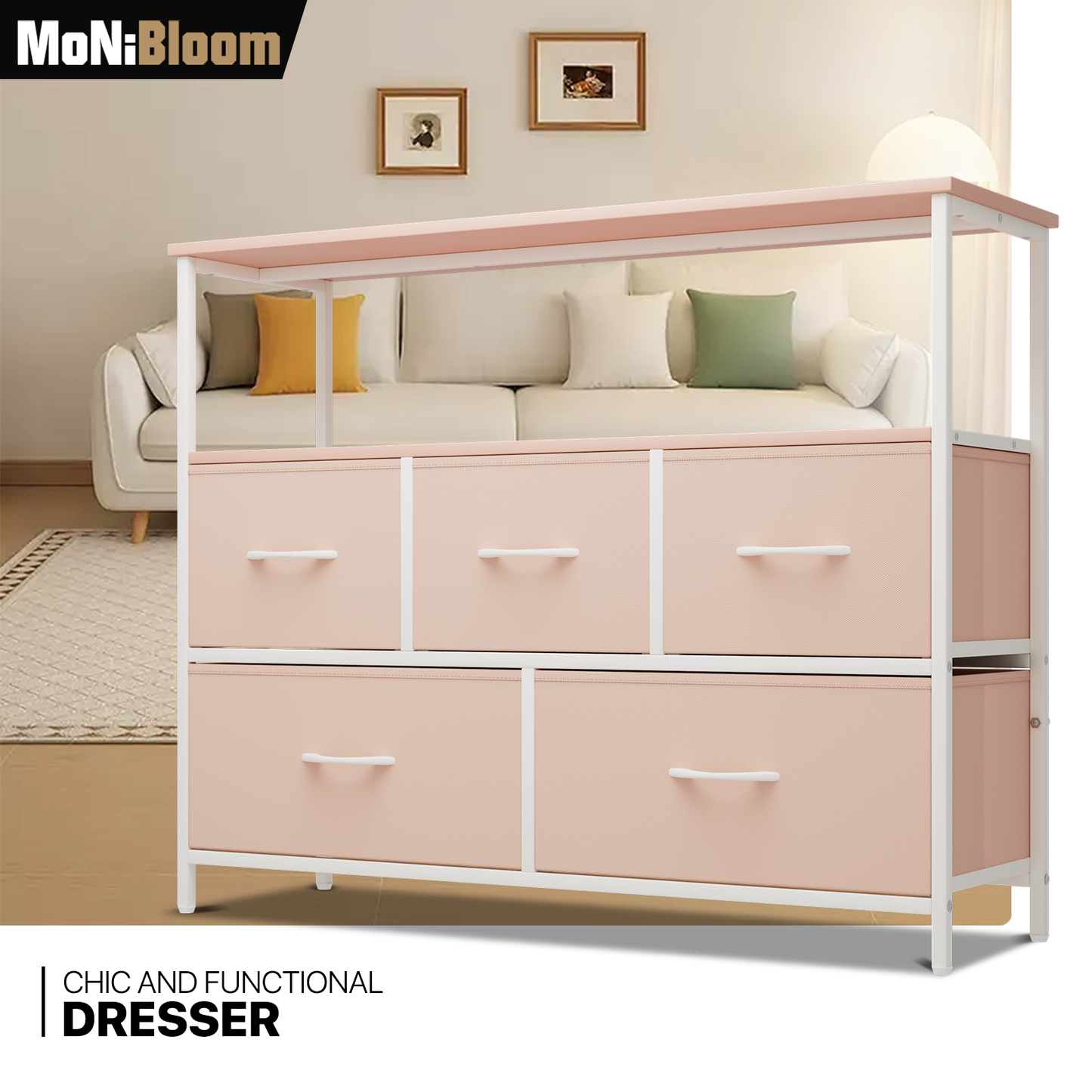 31" Height Dresser - 5 Fabric Drawer- Metal Frame - MDF Top