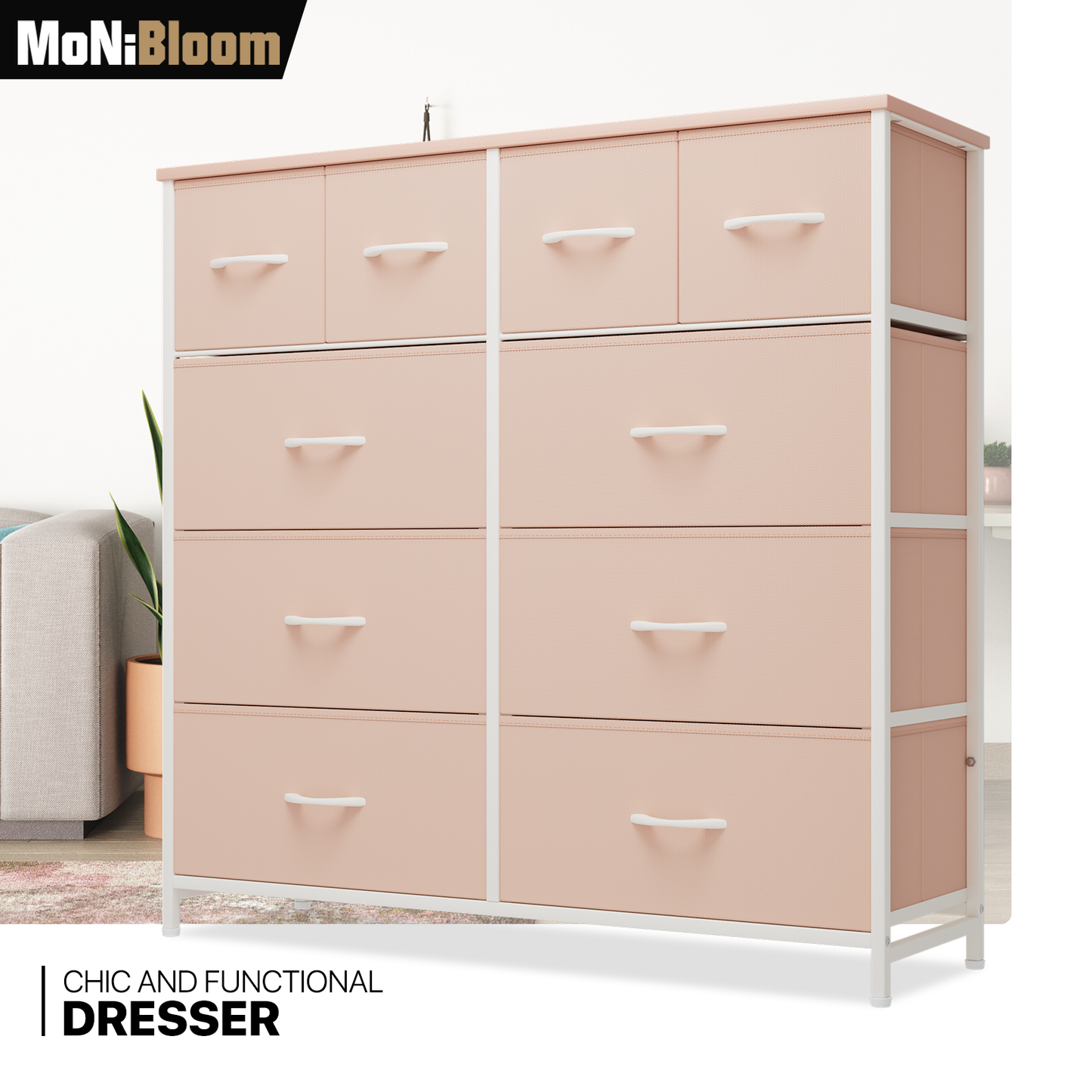 39.25" Height Dresser - 10 Fabric Drawer- Metal Frame - MDF Top