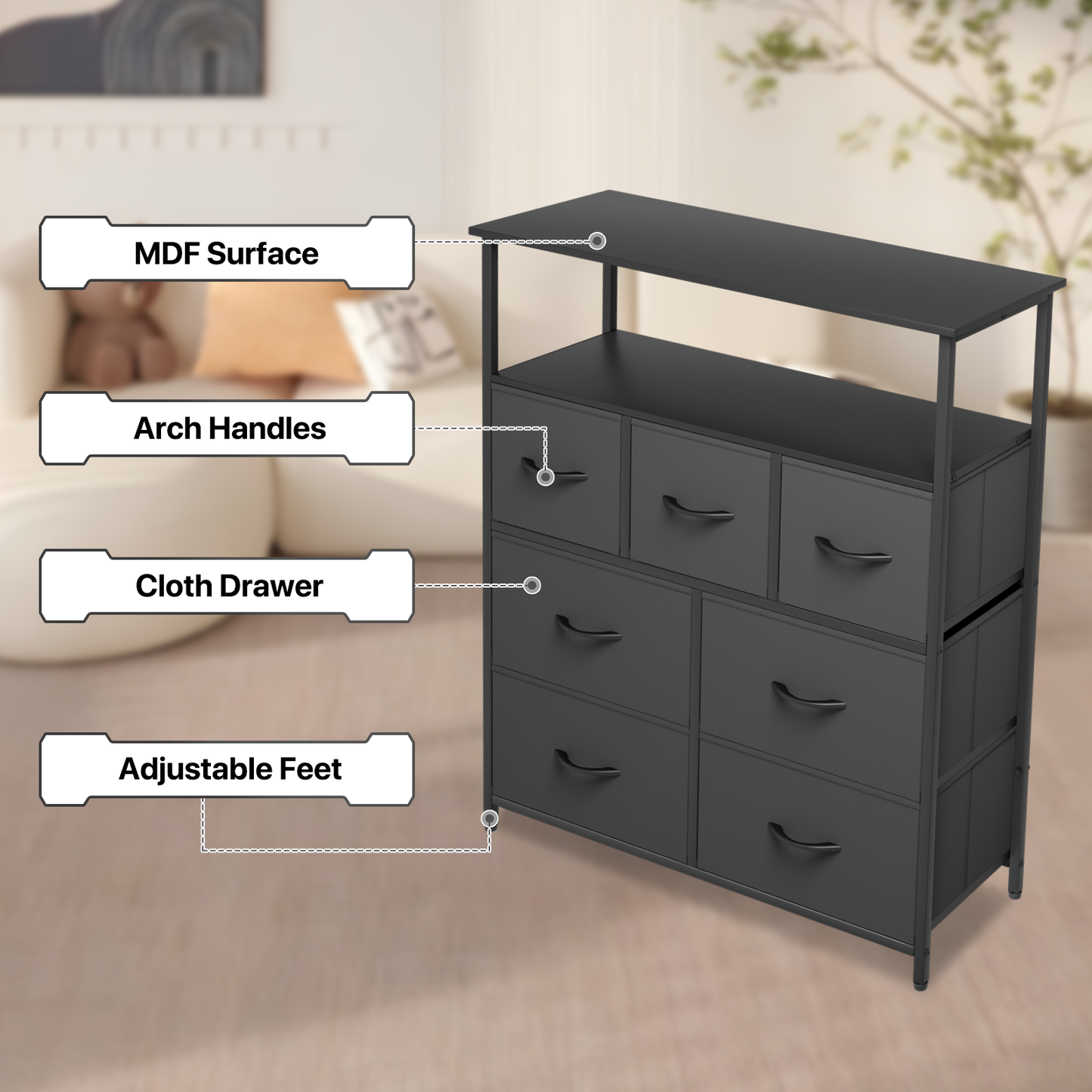 40" Height Dresser - 7 Fabric Drawer- Metal Frame - MDF Top