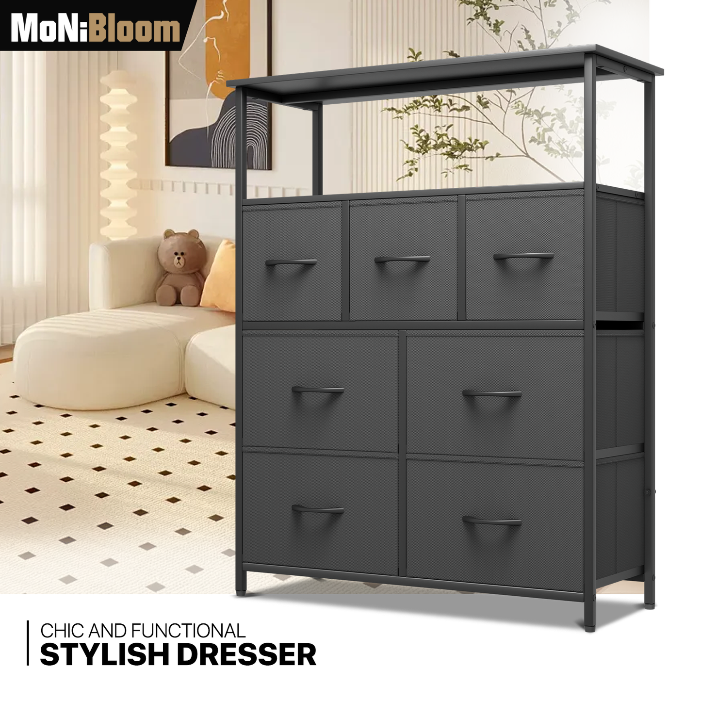 40" Height Dresser - 7 Fabric Drawer- Metal Frame - MDF Top