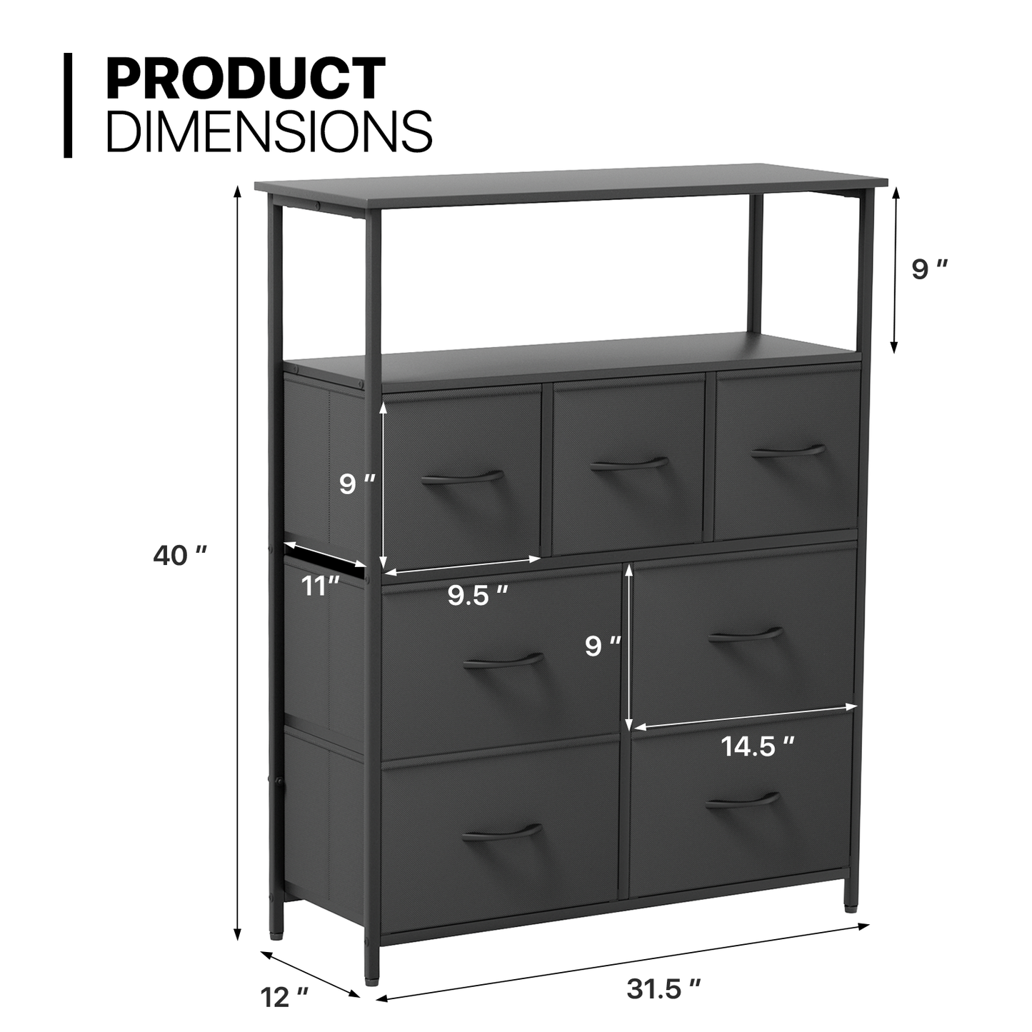 40" Height Dresser - 7 Fabric Drawer- Metal Frame - MDF Top