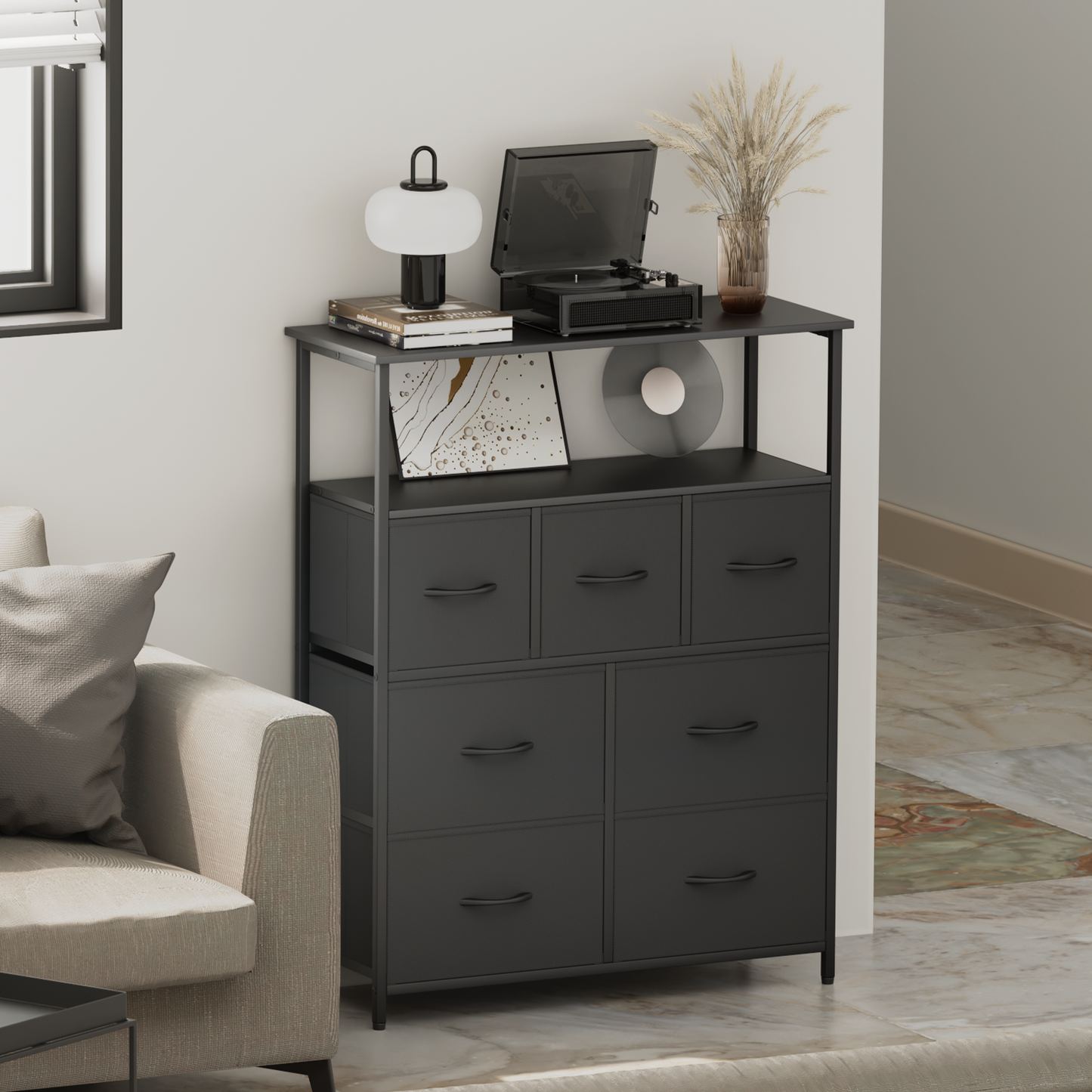 40" Height Dresser - 7 Fabric Drawer- Metal Frame - MDF Top