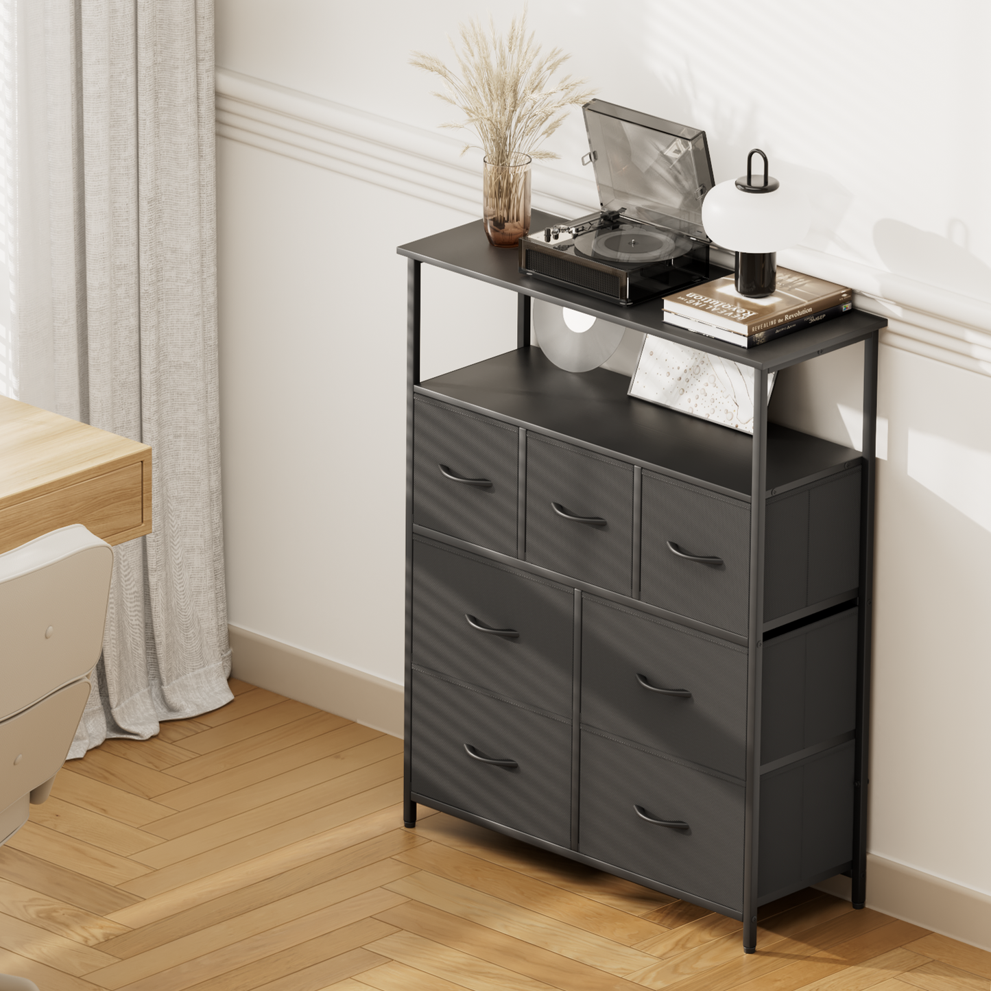 40" Height Dresser - 7 Fabric Drawer- Metal Frame - MDF Top