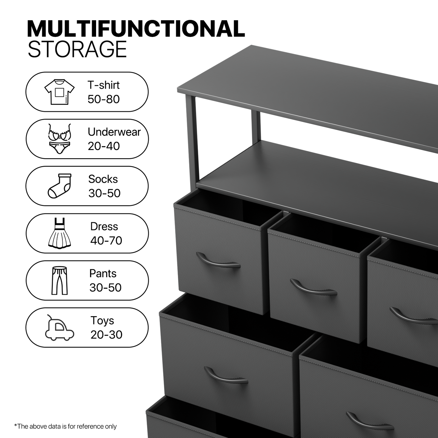 40" Height Dresser - 7 Fabric Drawer- Metal Frame - MDF Top
