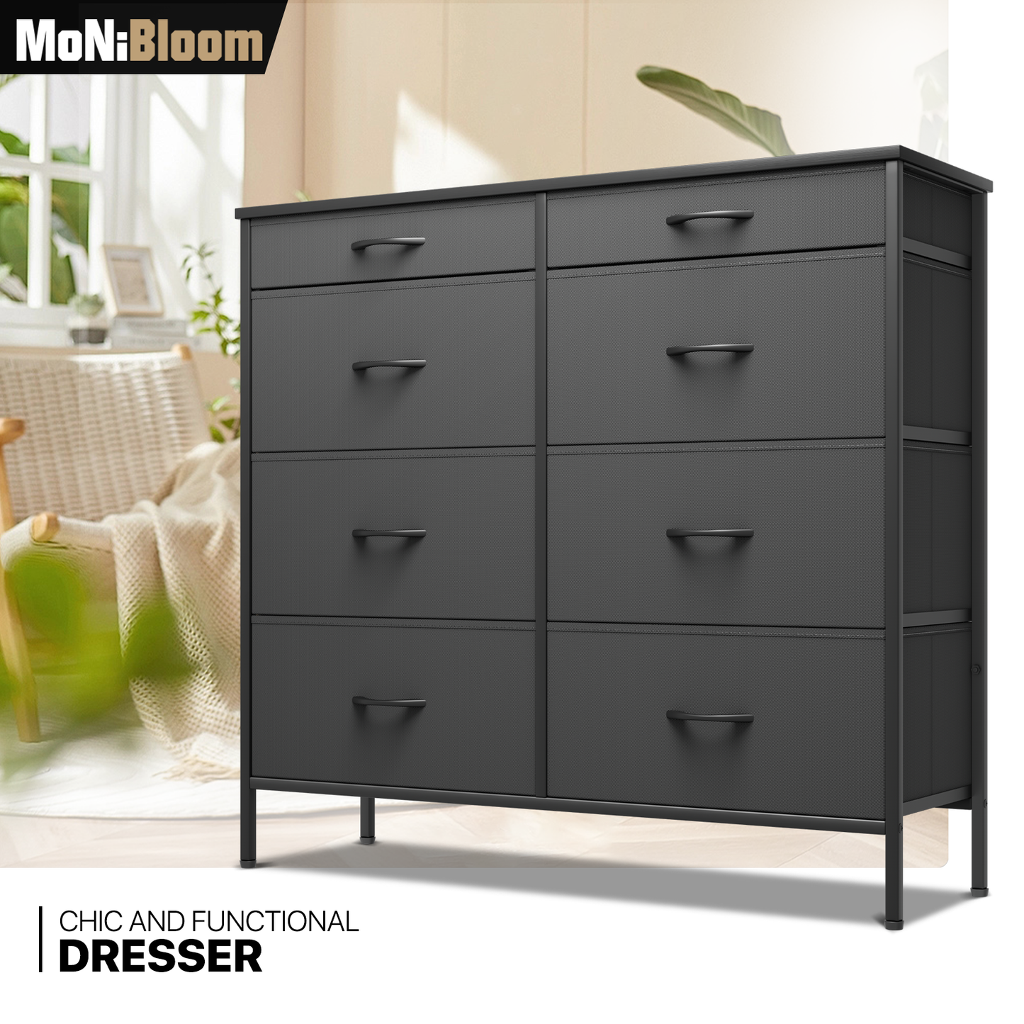 34.5" Height Dresser - 8 Fabric Drawer- Metal Frame - MDF Top