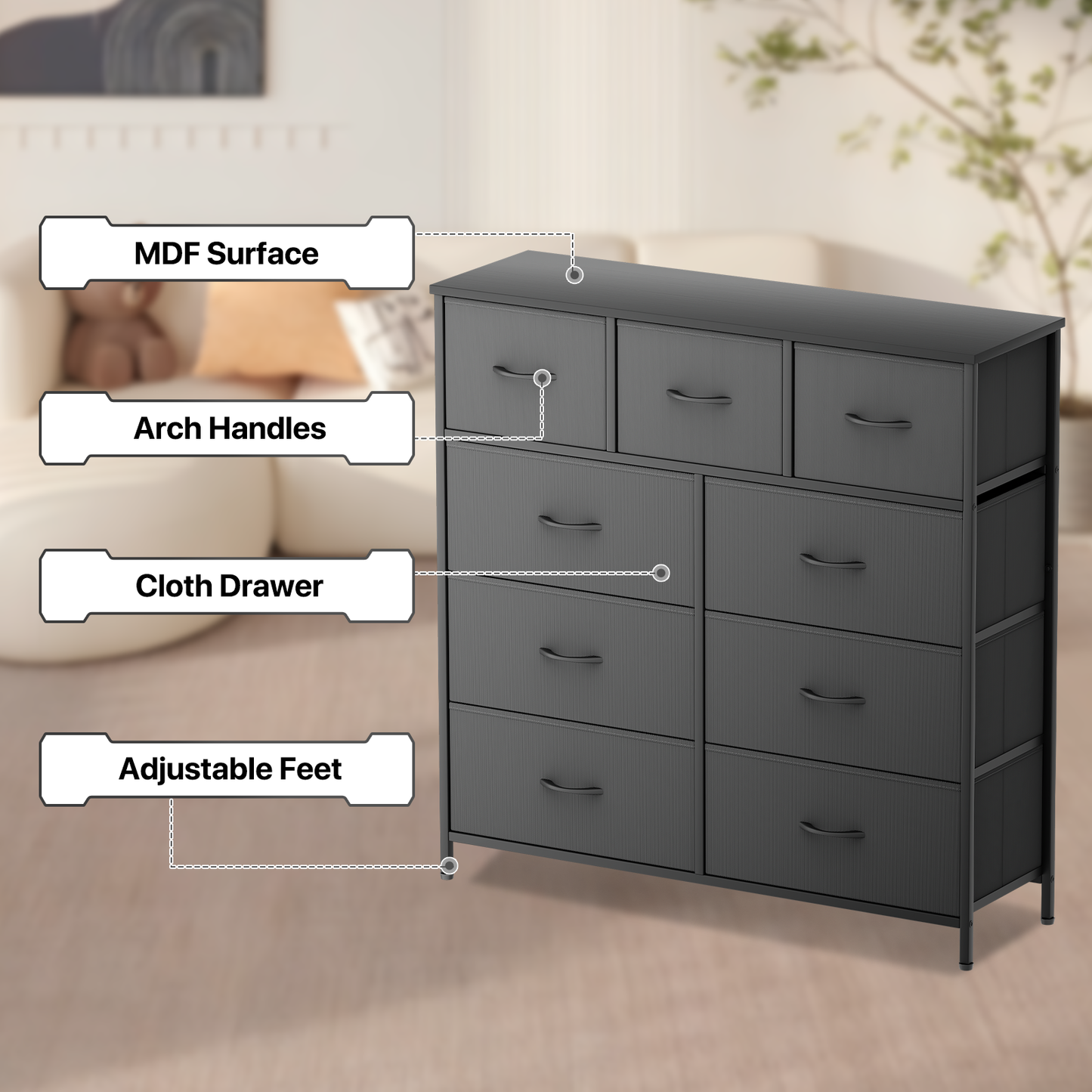 40" Dresser Model Fabric Drawer Metal Frame, 9-Drawer