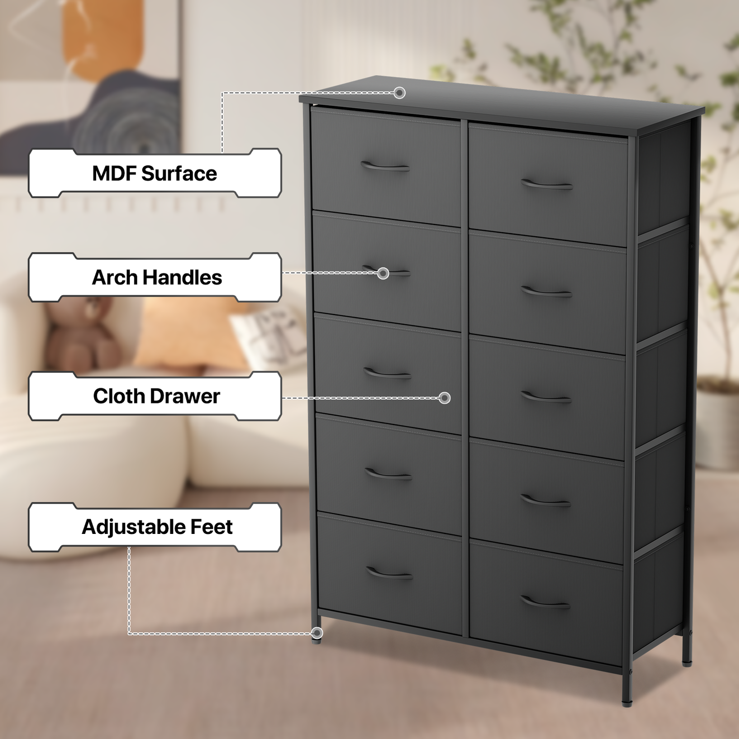 48.5" Dresser Model Fabric Drawer Metal Frame, 10-Drawer