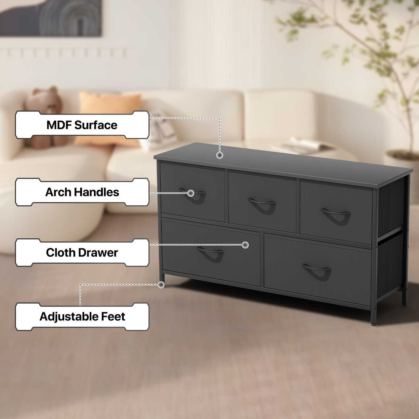 22" Height Dresser - 5 Fabric Drawer- Metal Frame - MDF Top