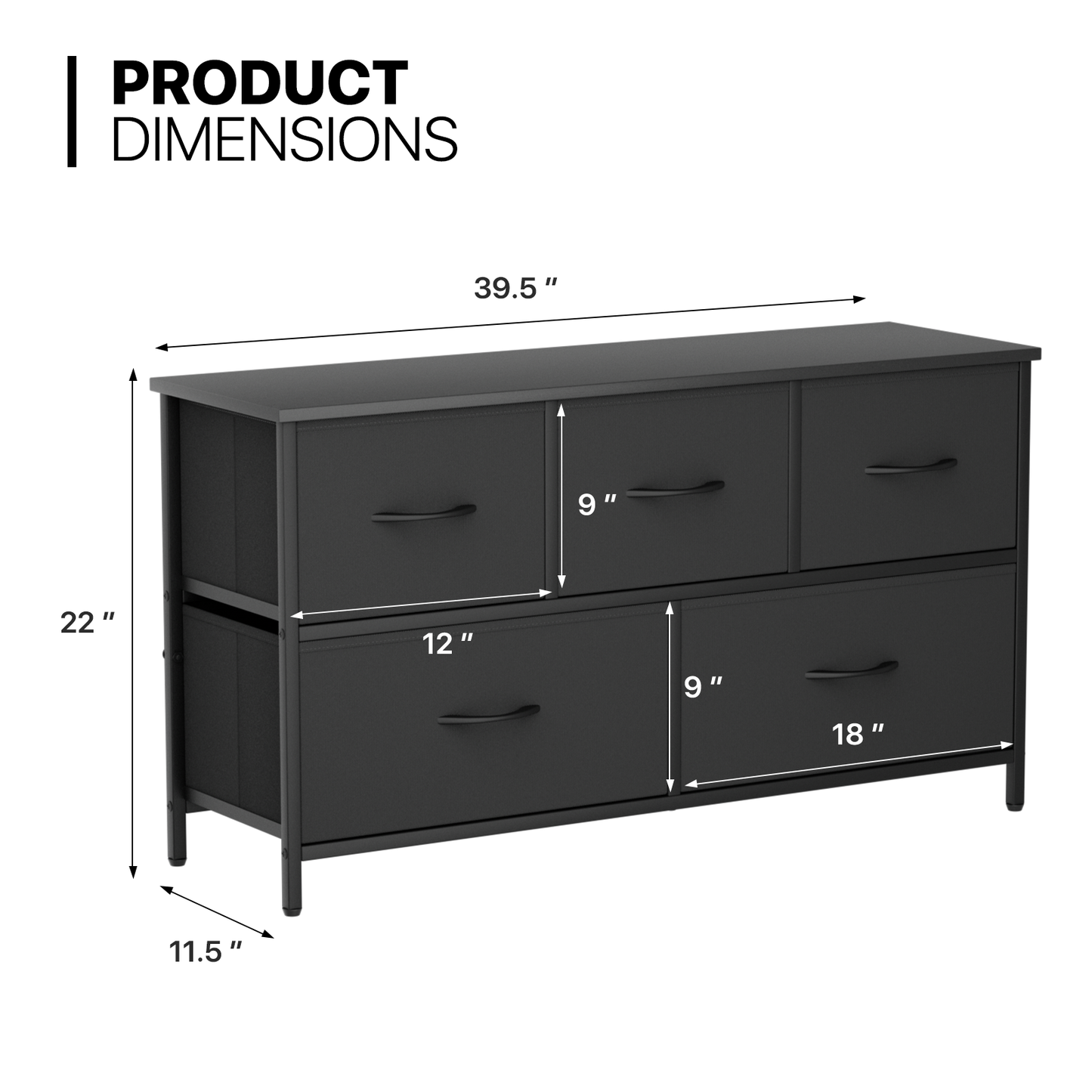 22" Height Dresser - 5 Fabric Drawer- Metal Frame - MDF Top