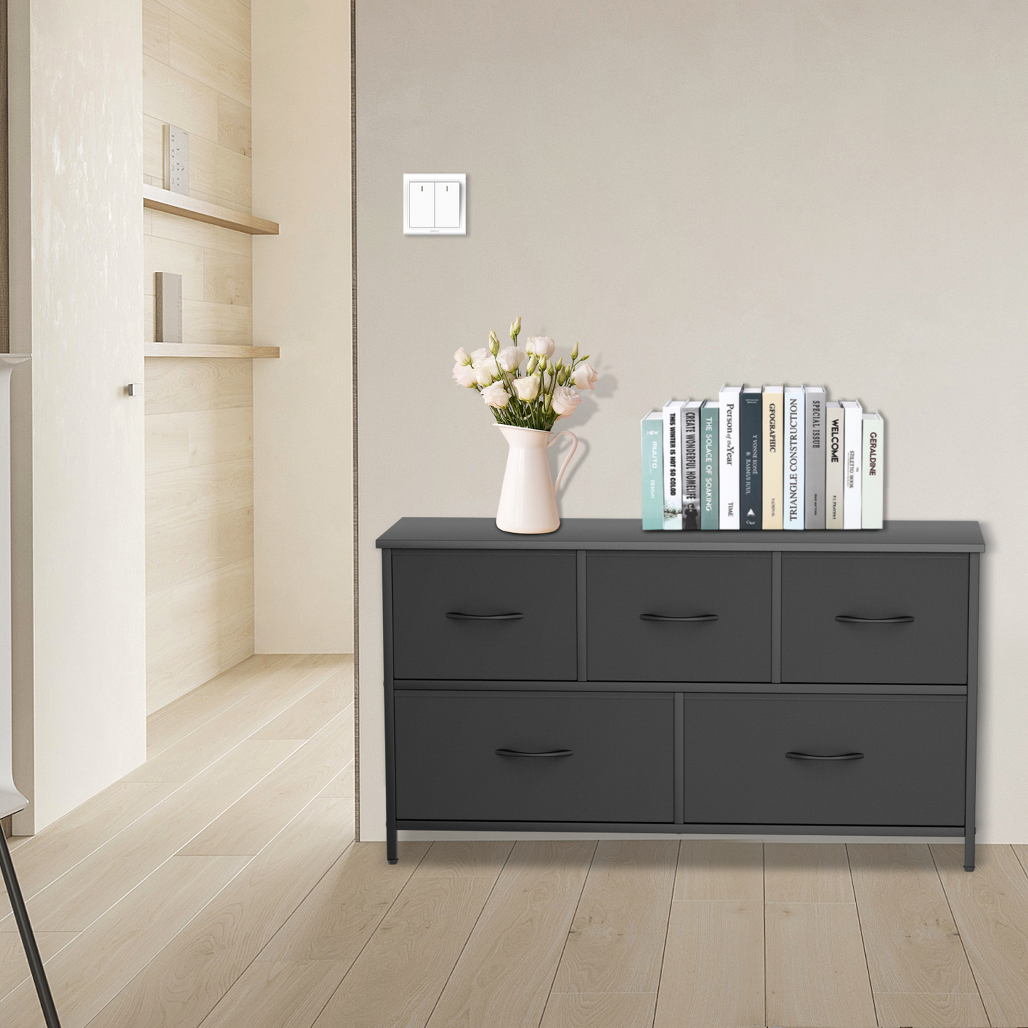 22" Height Dresser - 5 Fabric Drawer- Metal Frame - MDF Top