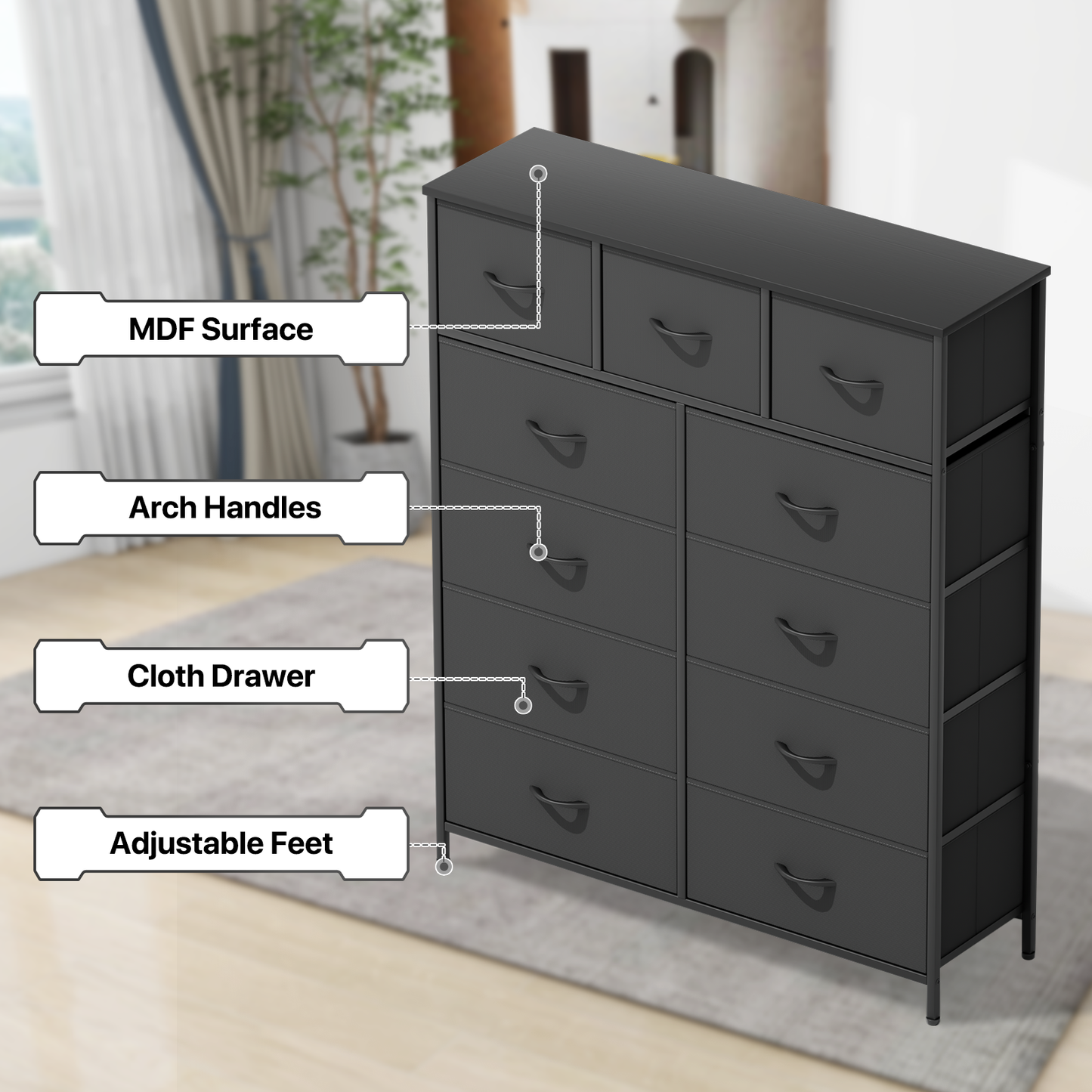 49" Height Dresser - 11 Fabric Drawer- Metal Frame - MDF Top