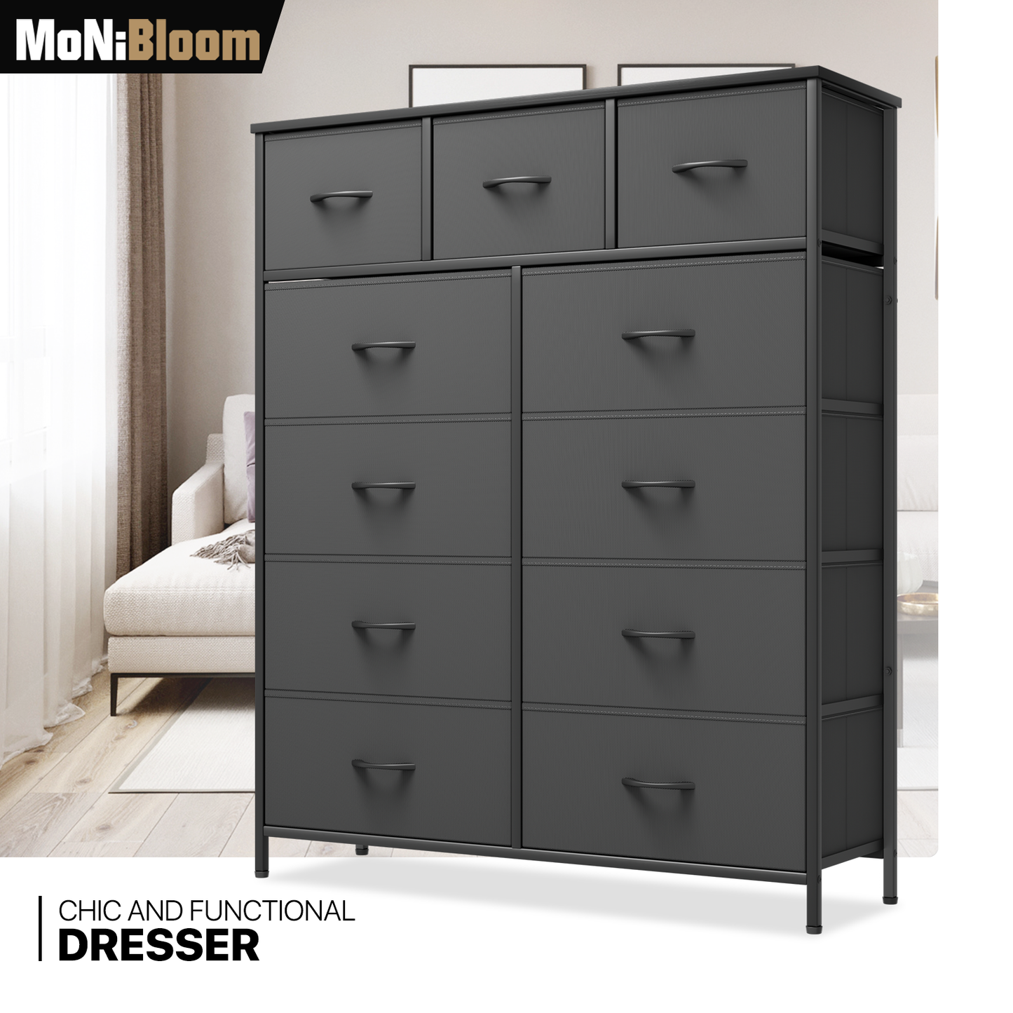 49" Height Dresser - 11 Fabric Drawer- Metal Frame - MDF Top
