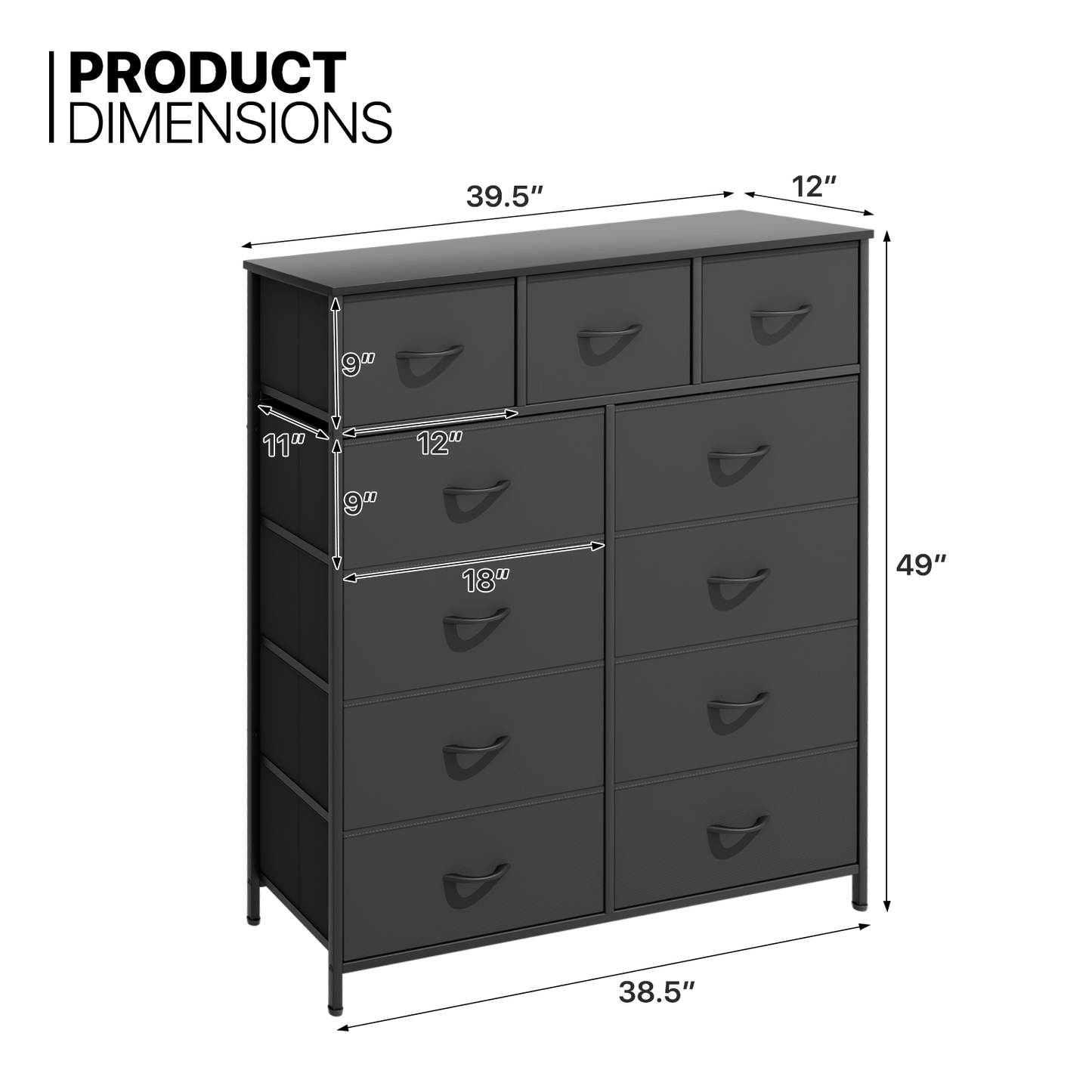 49" Height Dresser - 11 Fabric Drawer- Metal Frame - MDF Top