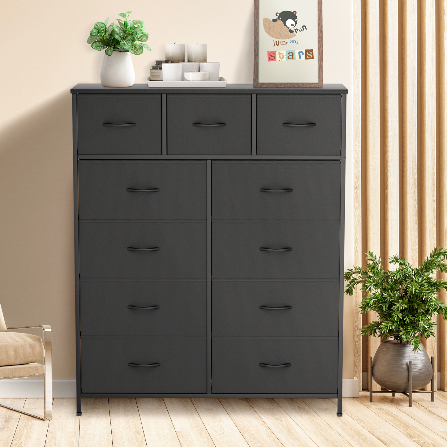 49" Height Dresser - 11 Fabric Drawer- Metal Frame - MDF Top