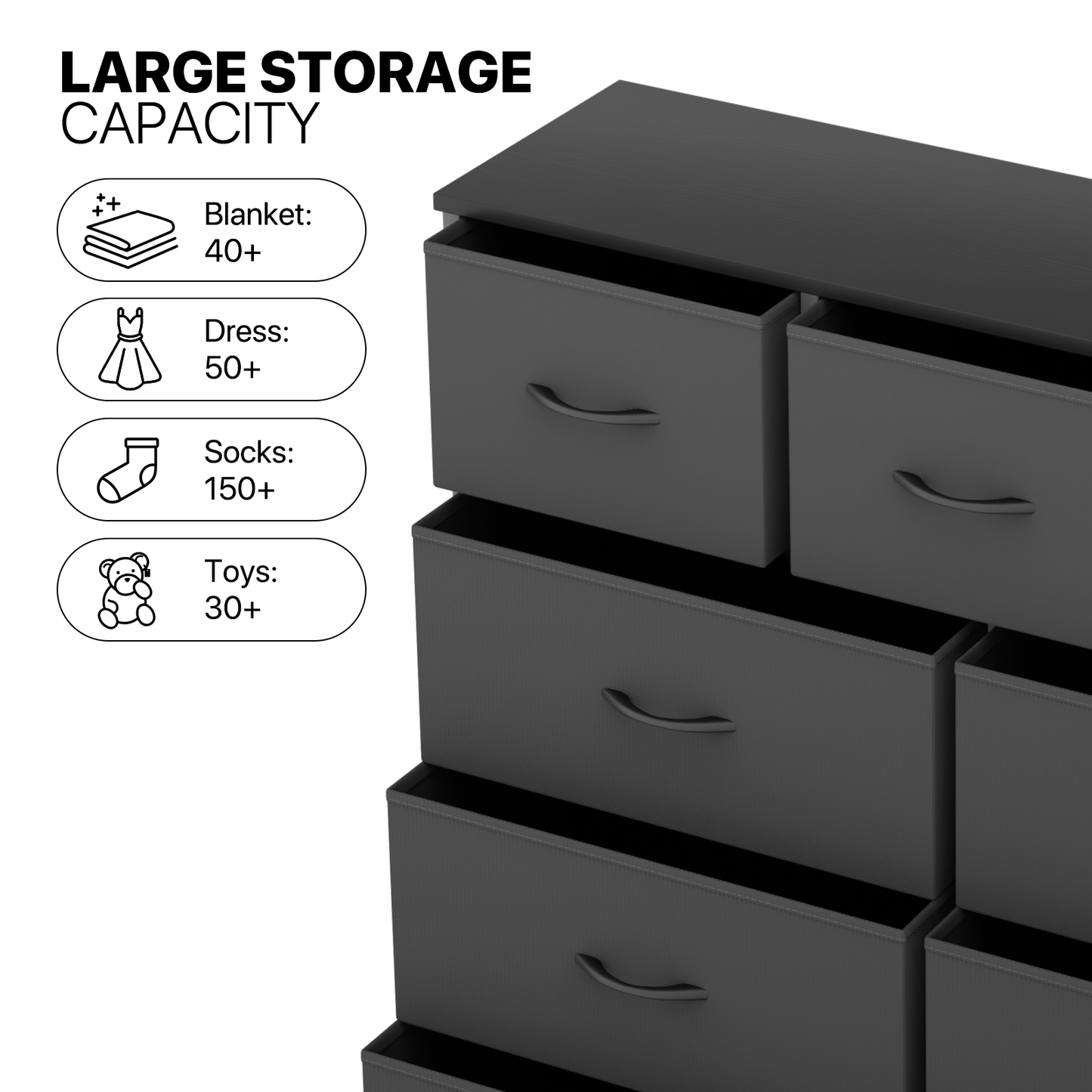 49" Height Dresser - 11 Fabric Drawer- Metal Frame - MDF Top
