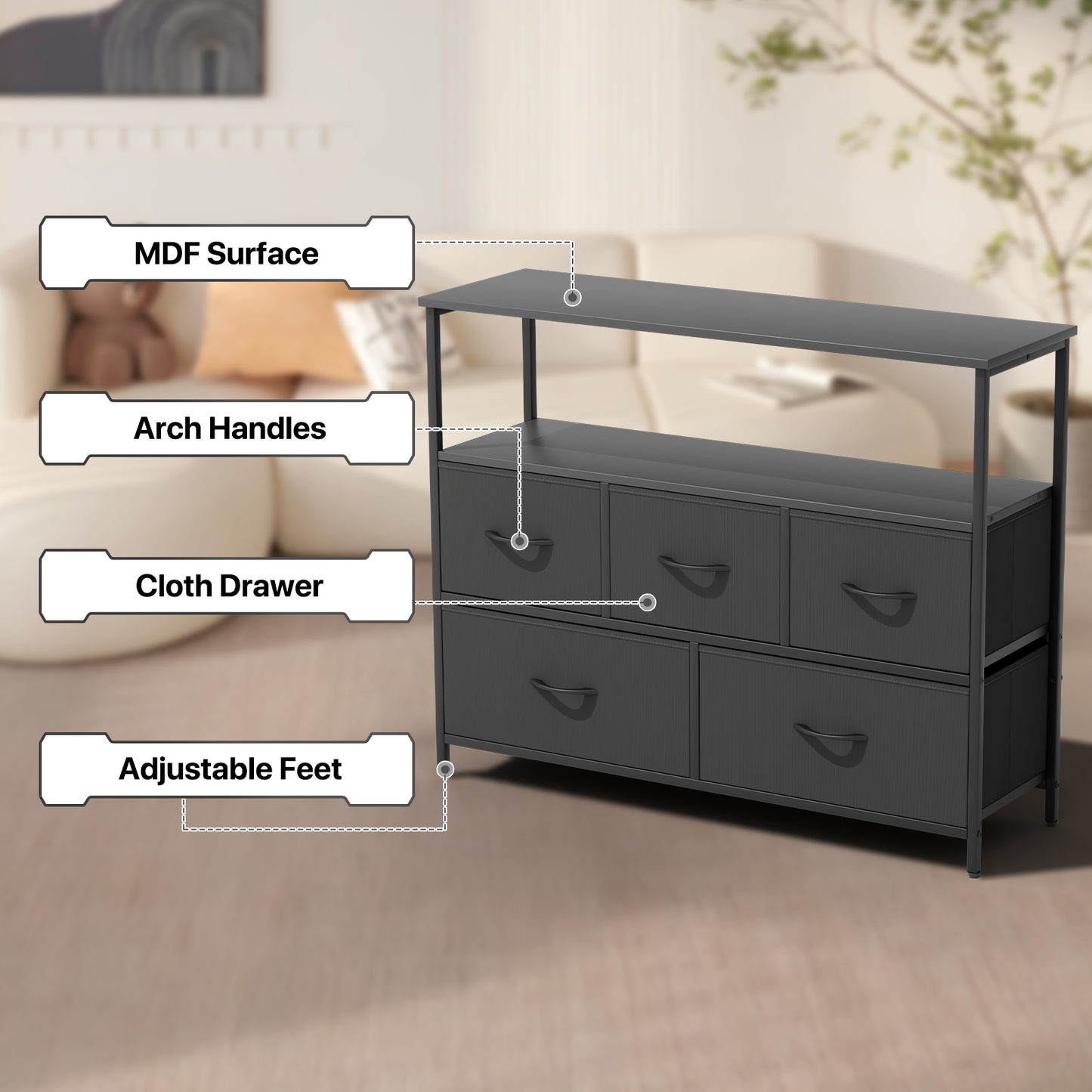 31" Height Dresser - 5 Fabric Drawer- Metal Frame - MDF Top