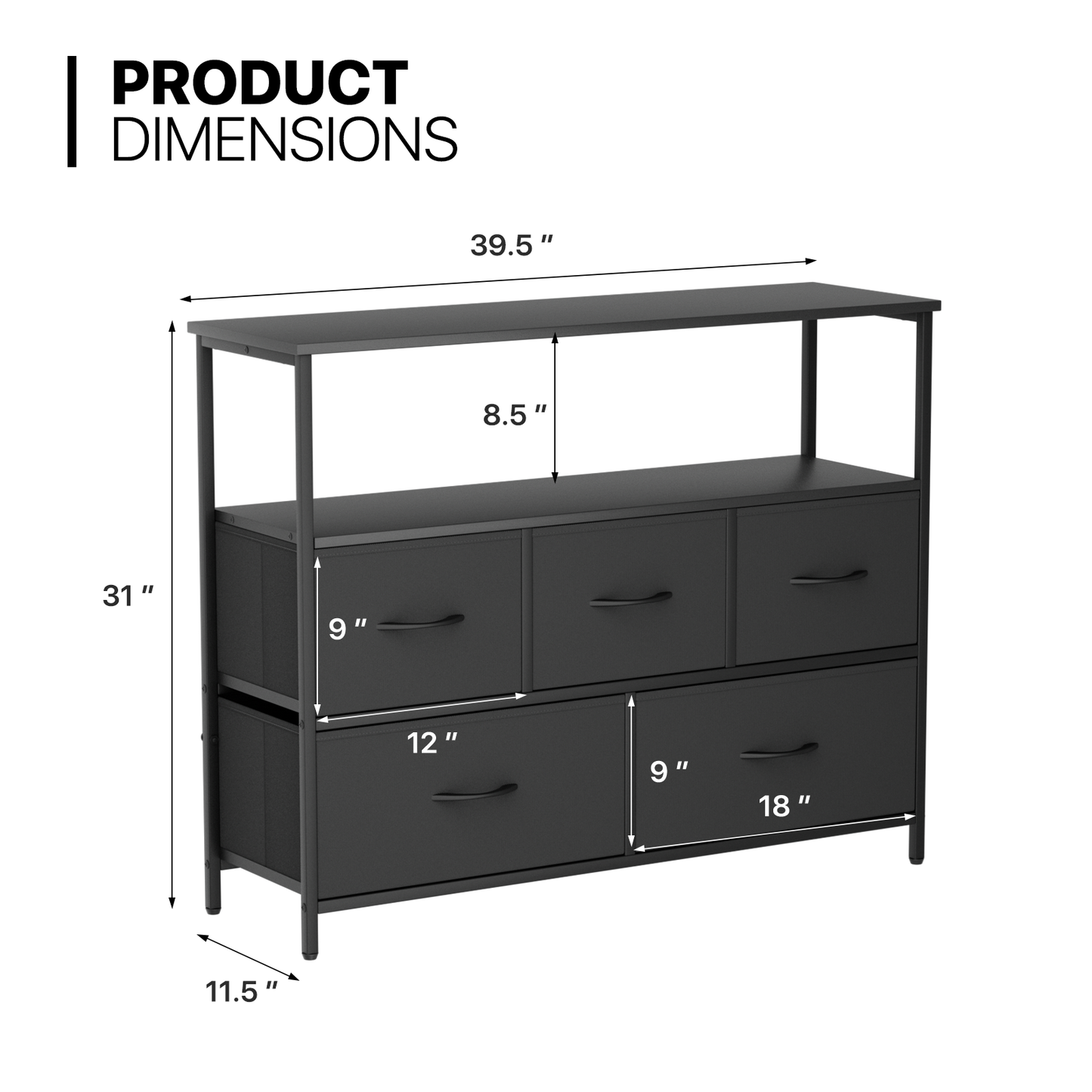 31" Height Dresser - 5 Fabric Drawer- Metal Frame - MDF Top