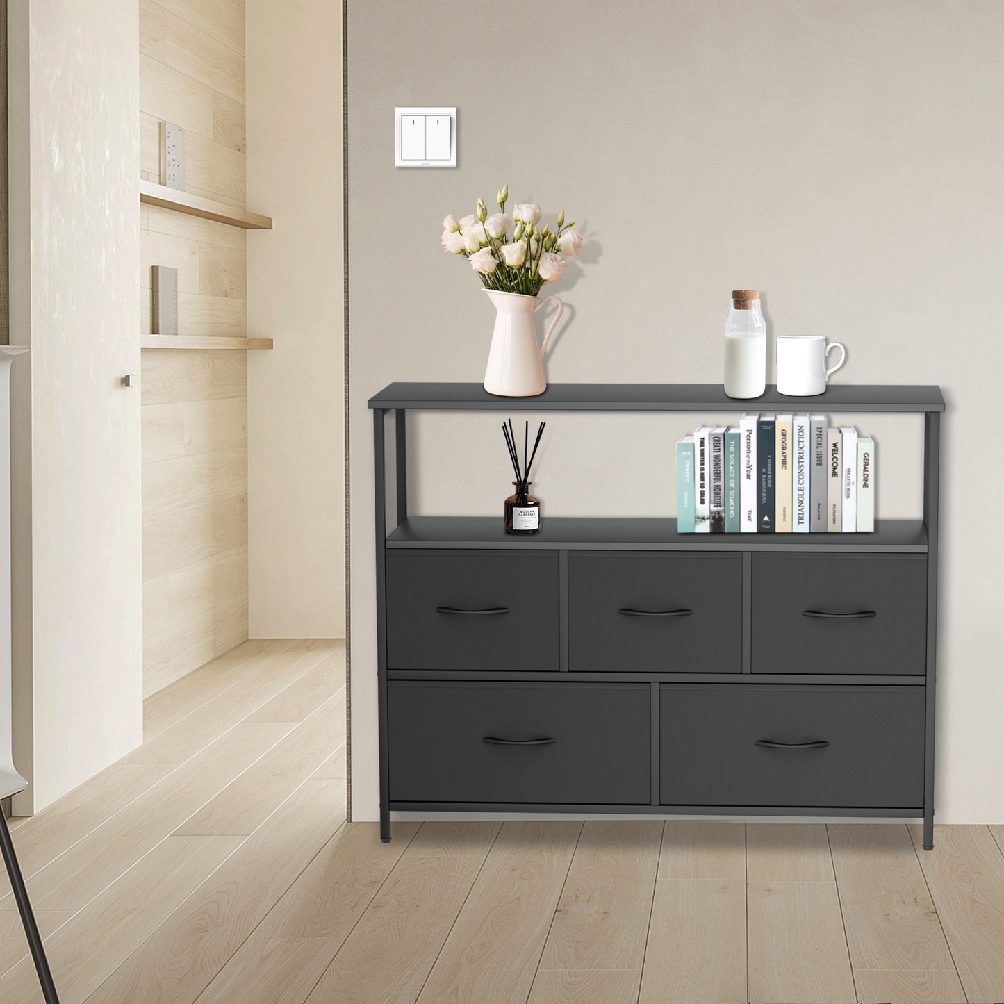 31" Height Dresser - 5 Fabric Drawer- Metal Frame - MDF Top