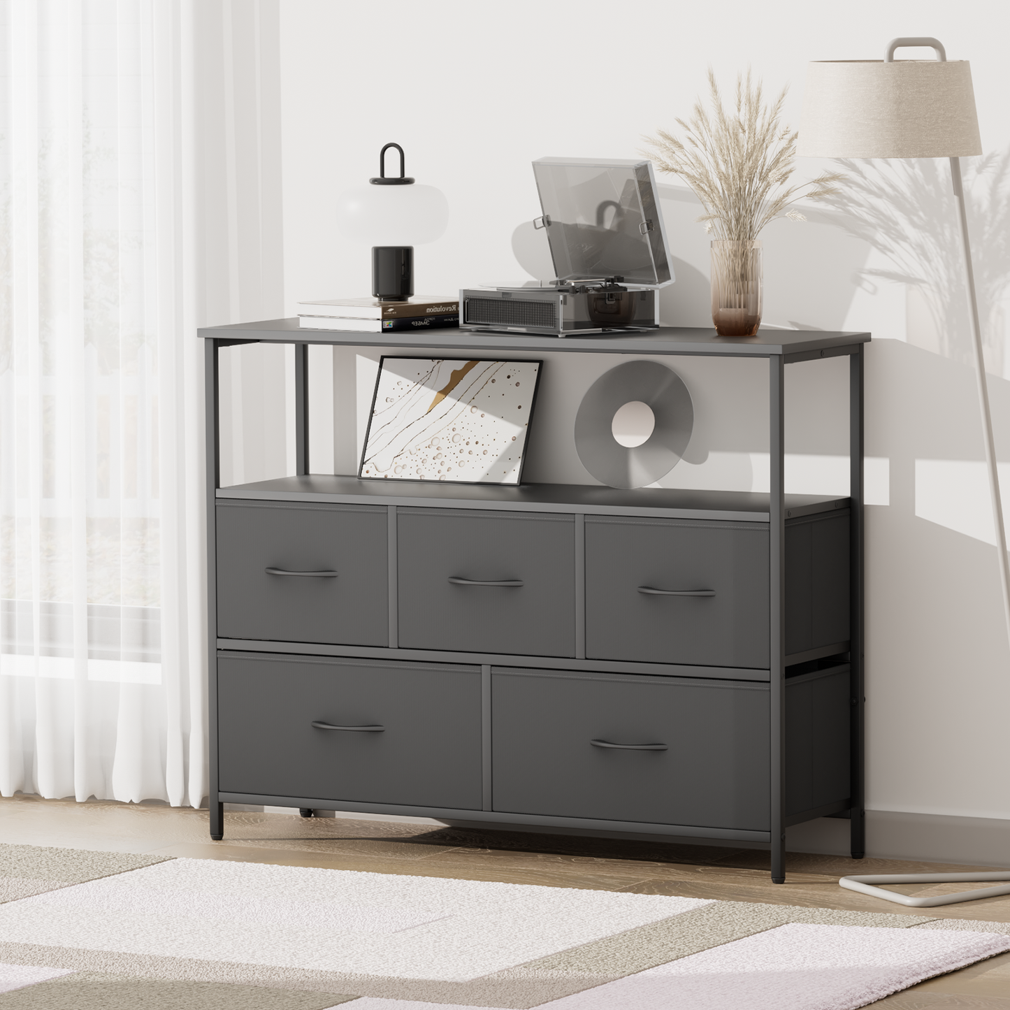 31" Height Dresser - 5 Fabric Drawer- Metal Frame - MDF Top