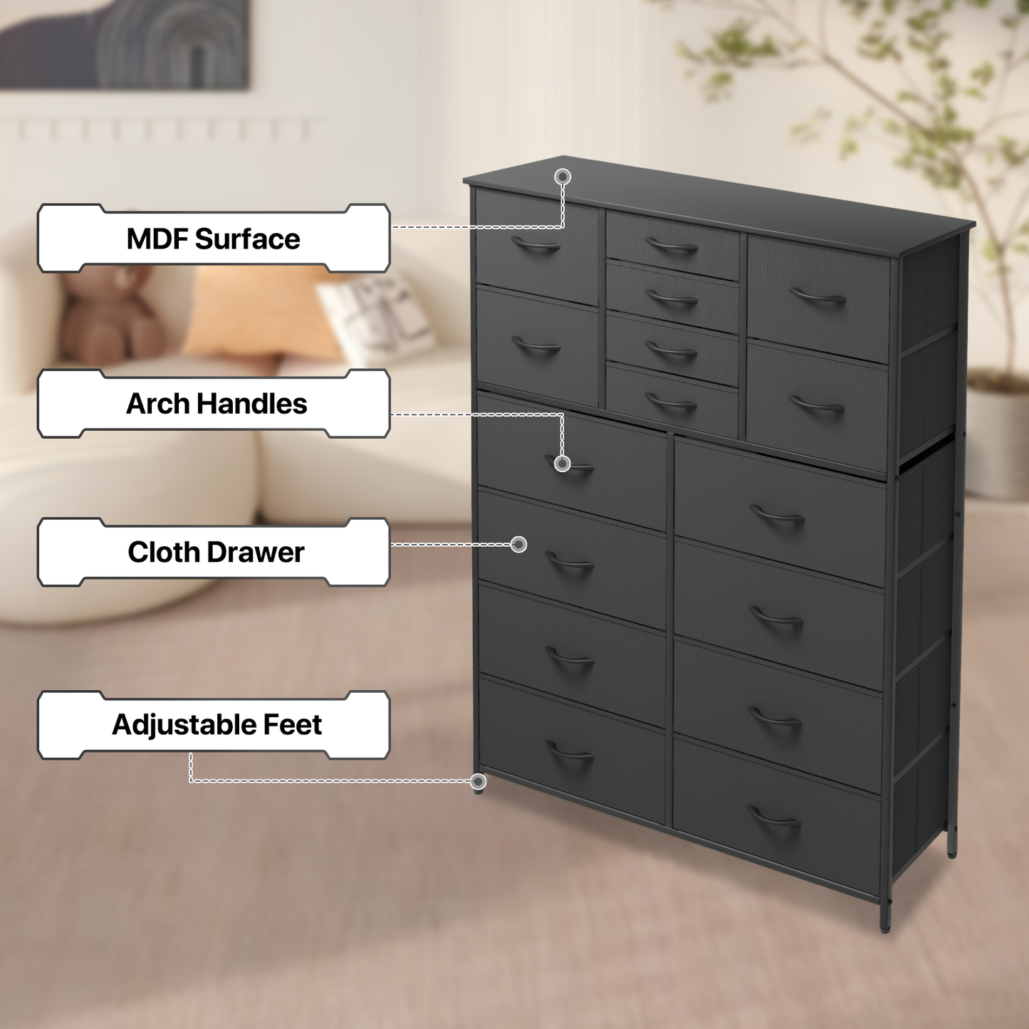 57.5" Height Dresser-16 Drawer - Metal Frame