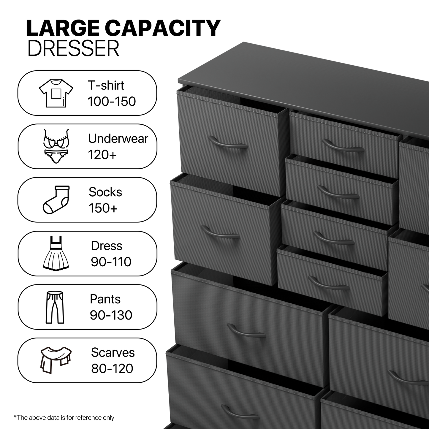 57.5" Height Dresser-16 Drawer - Metal Frame