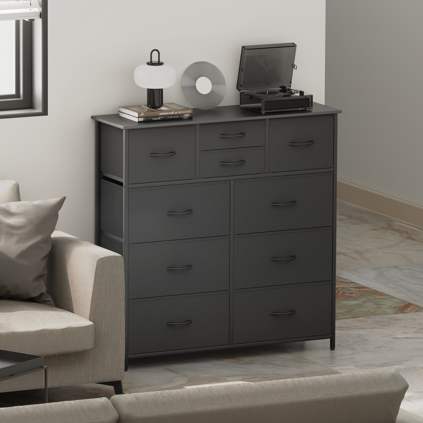 40" Height Dresser - 10 Fabric Drawer- Metal Frame - MDF Top