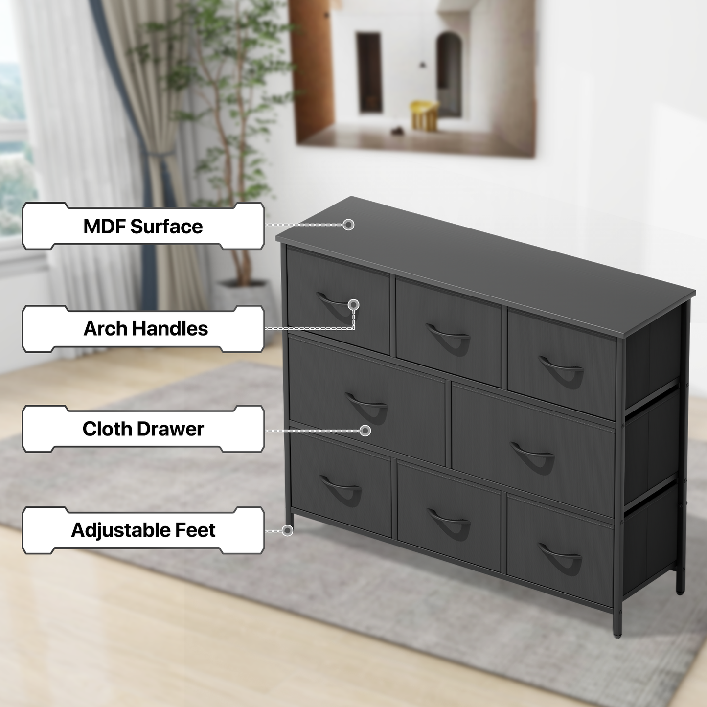 32" Height Dresser - 8 Fabric Drawer- Metal Frame - MDF Top