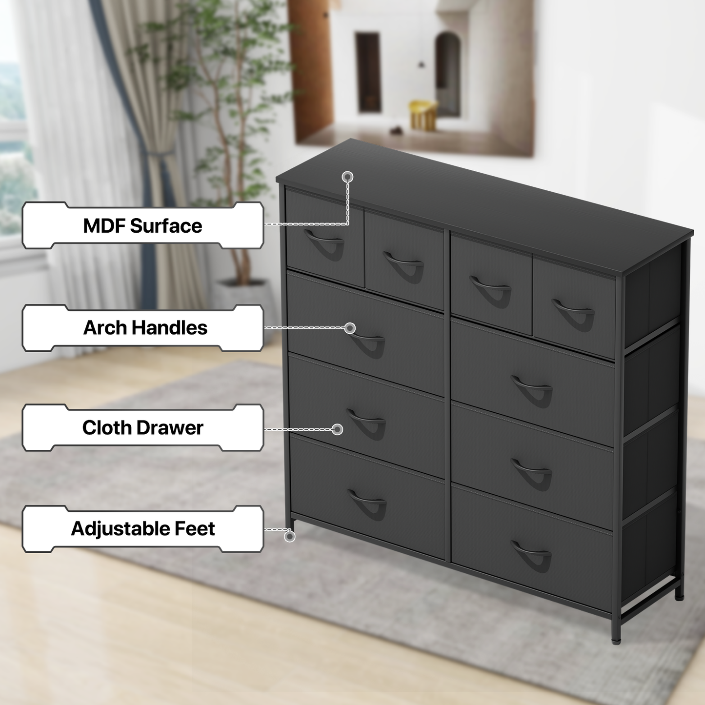 39.25" Height Dresser - 10 Fabric Drawer- Metal Frame - MDF Top