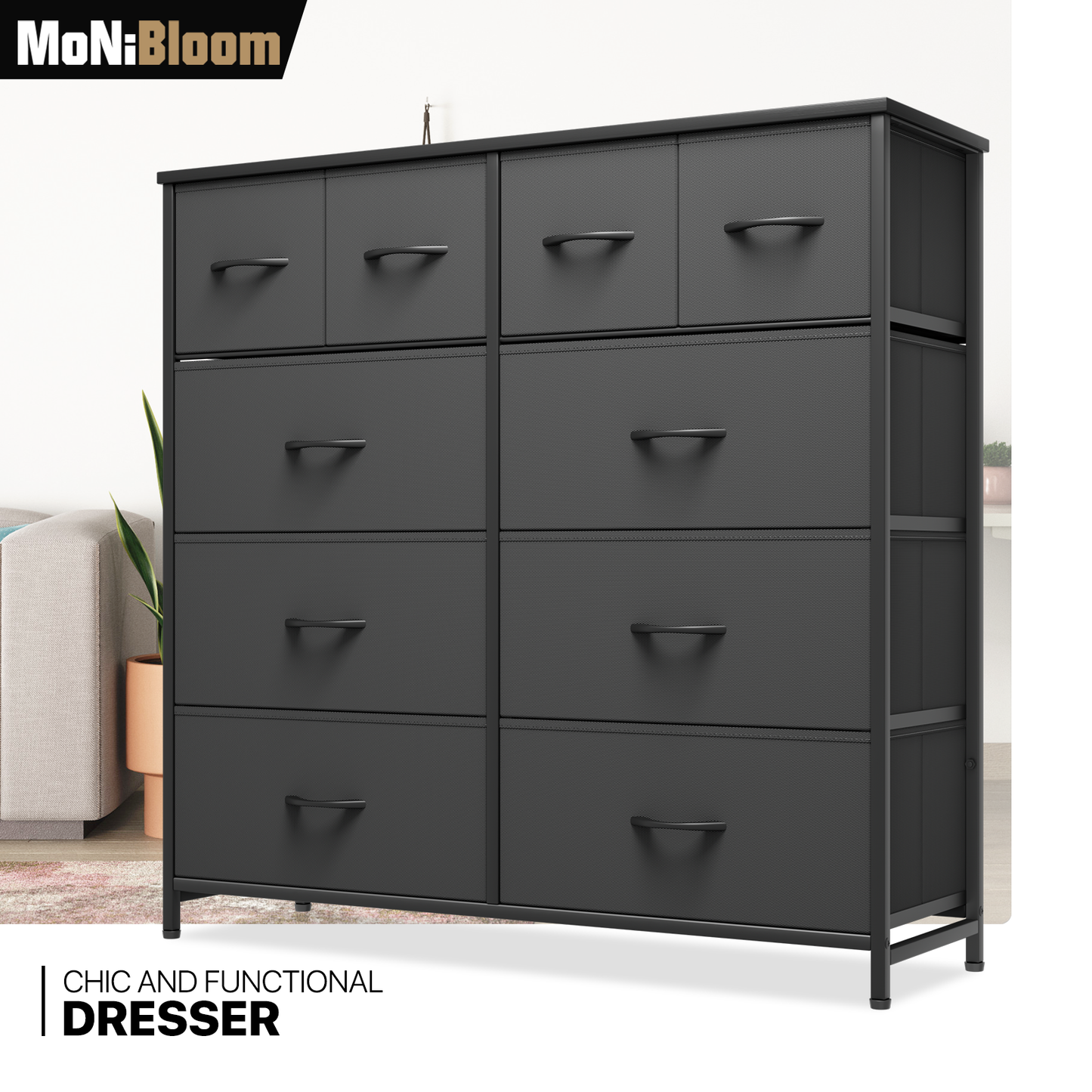 39.25" Height Dresser - 10 Fabric Drawer- Metal Frame - MDF Top