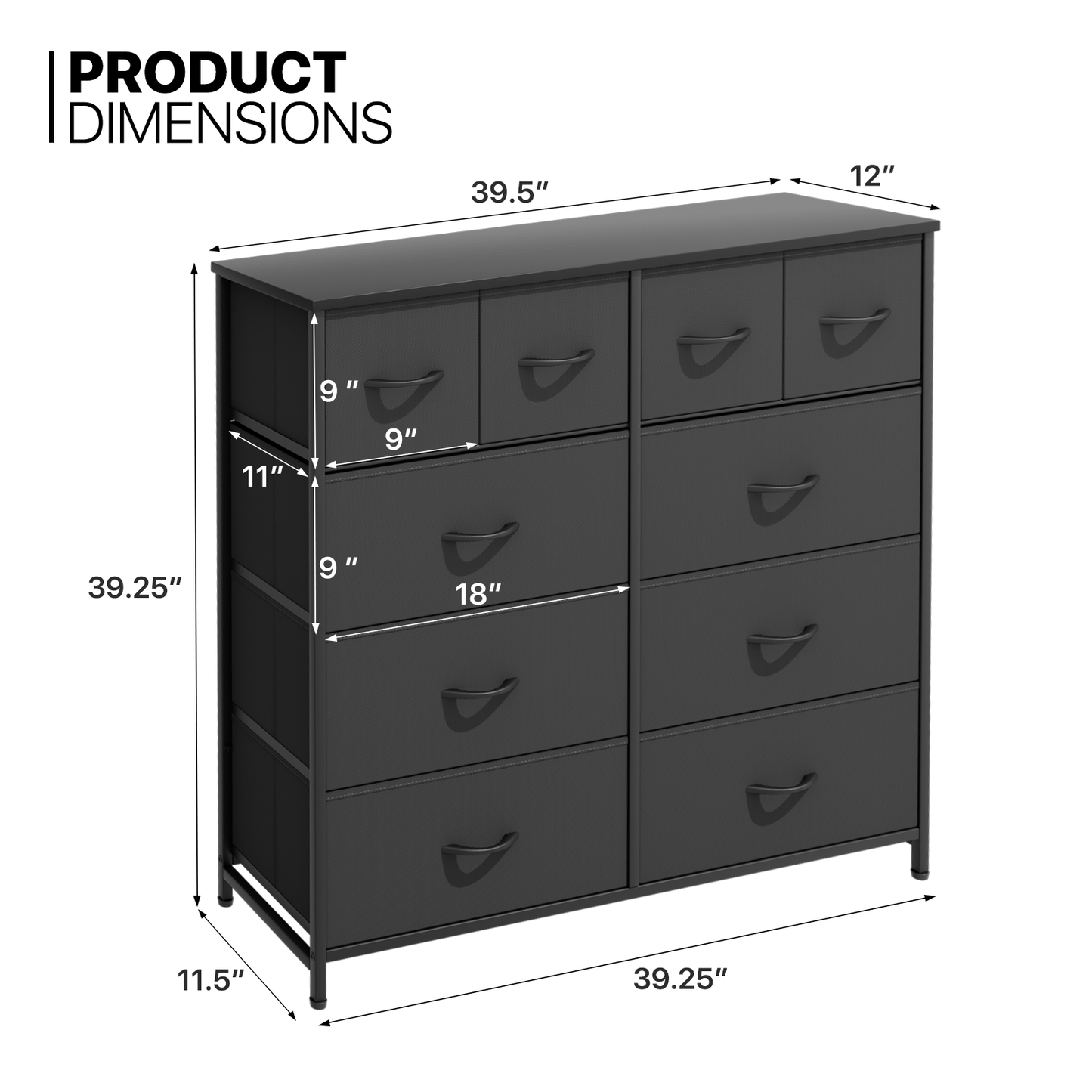39.25" Height Dresser - 10 Fabric Drawer- Metal Frame - MDF Top