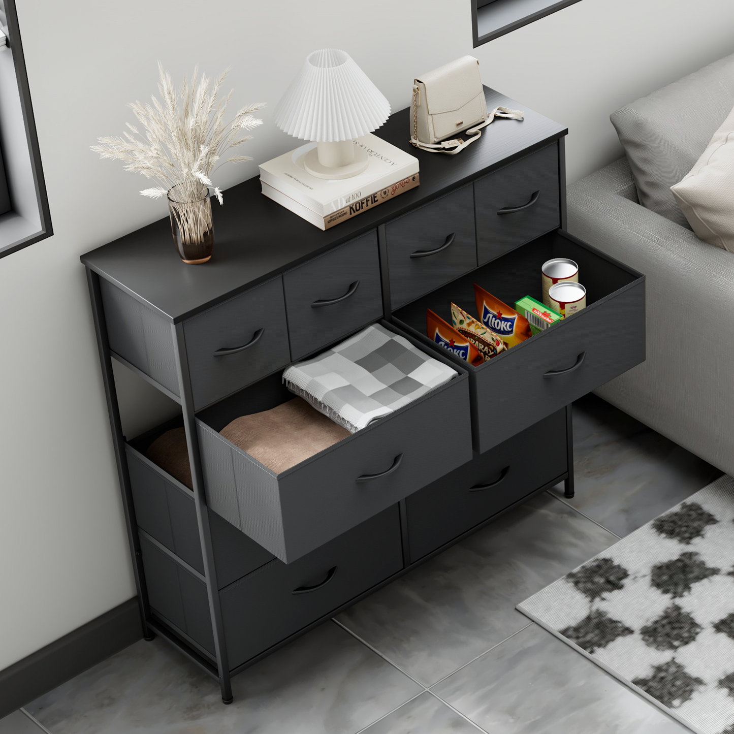 39.25" Height Dresser - 10 Fabric Drawer- Metal Frame - MDF Top