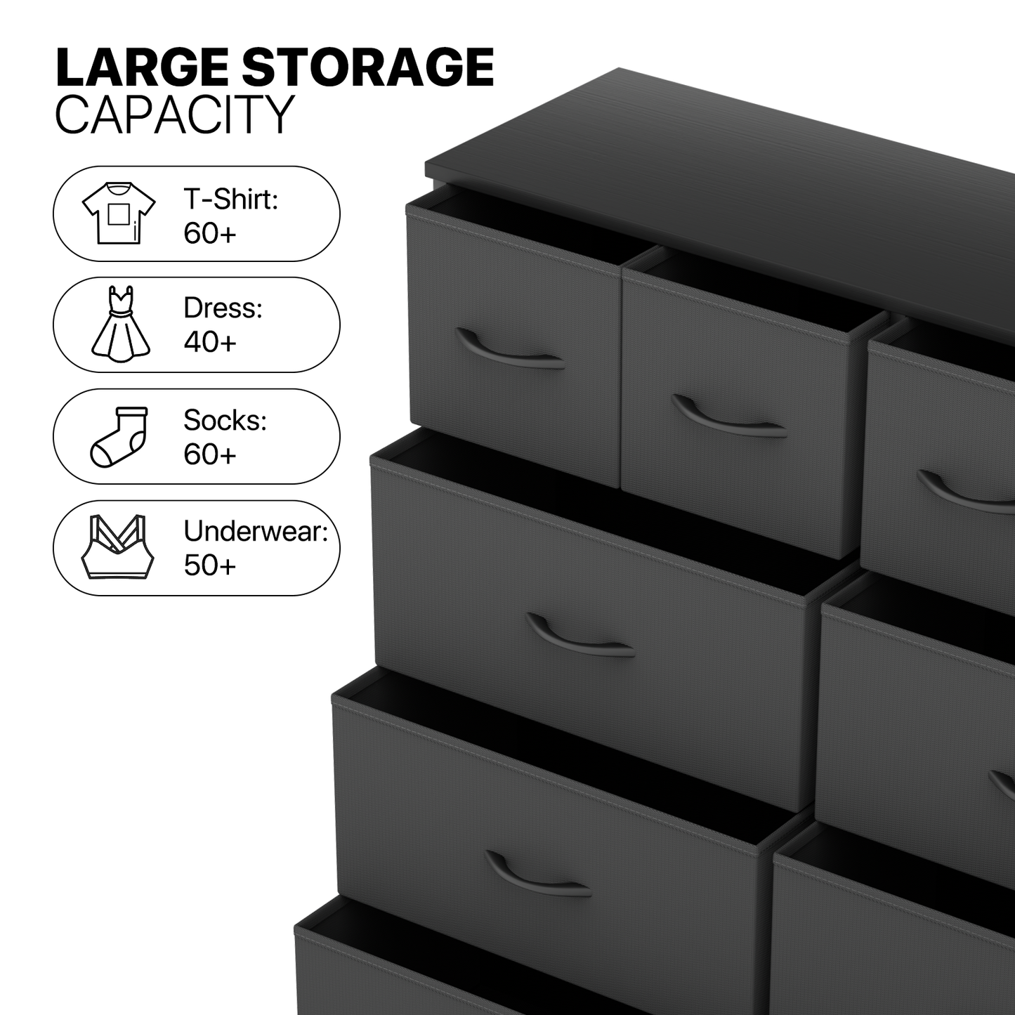 39.25" Height Dresser - 10 Fabric Drawer- Metal Frame - MDF Top