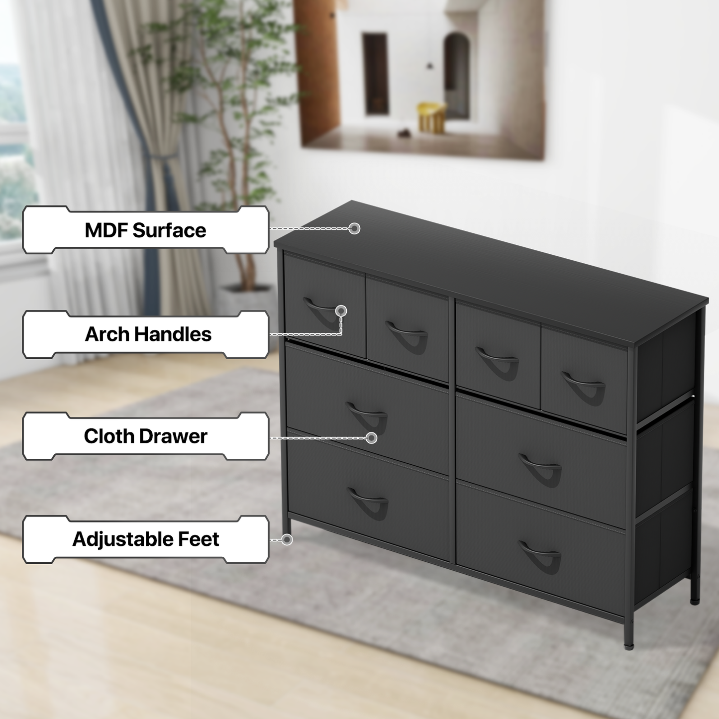 30.5" Height Dresser - 8 Fabric Drawer- Metal Frame - MDF Top