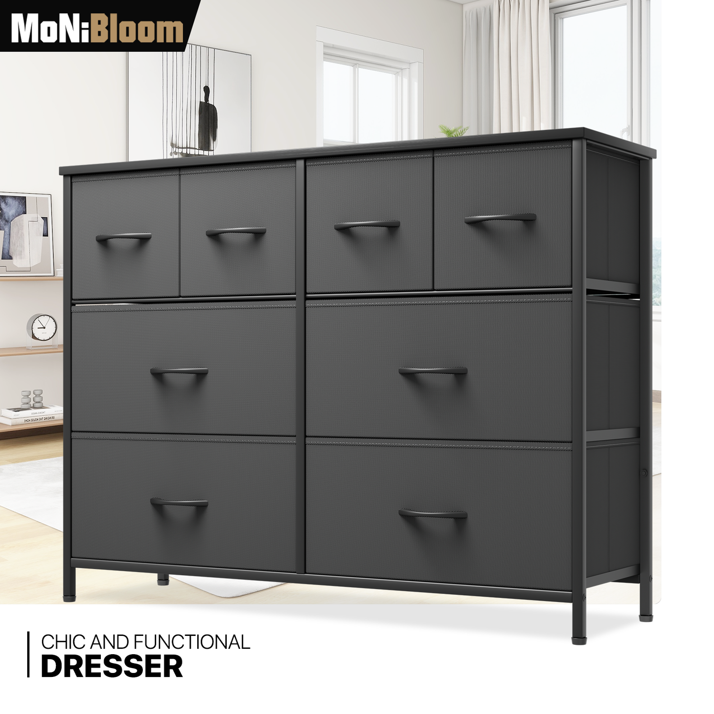 30.5" Height Dresser - 8 Fabric Drawer- Metal Frame - MDF Top