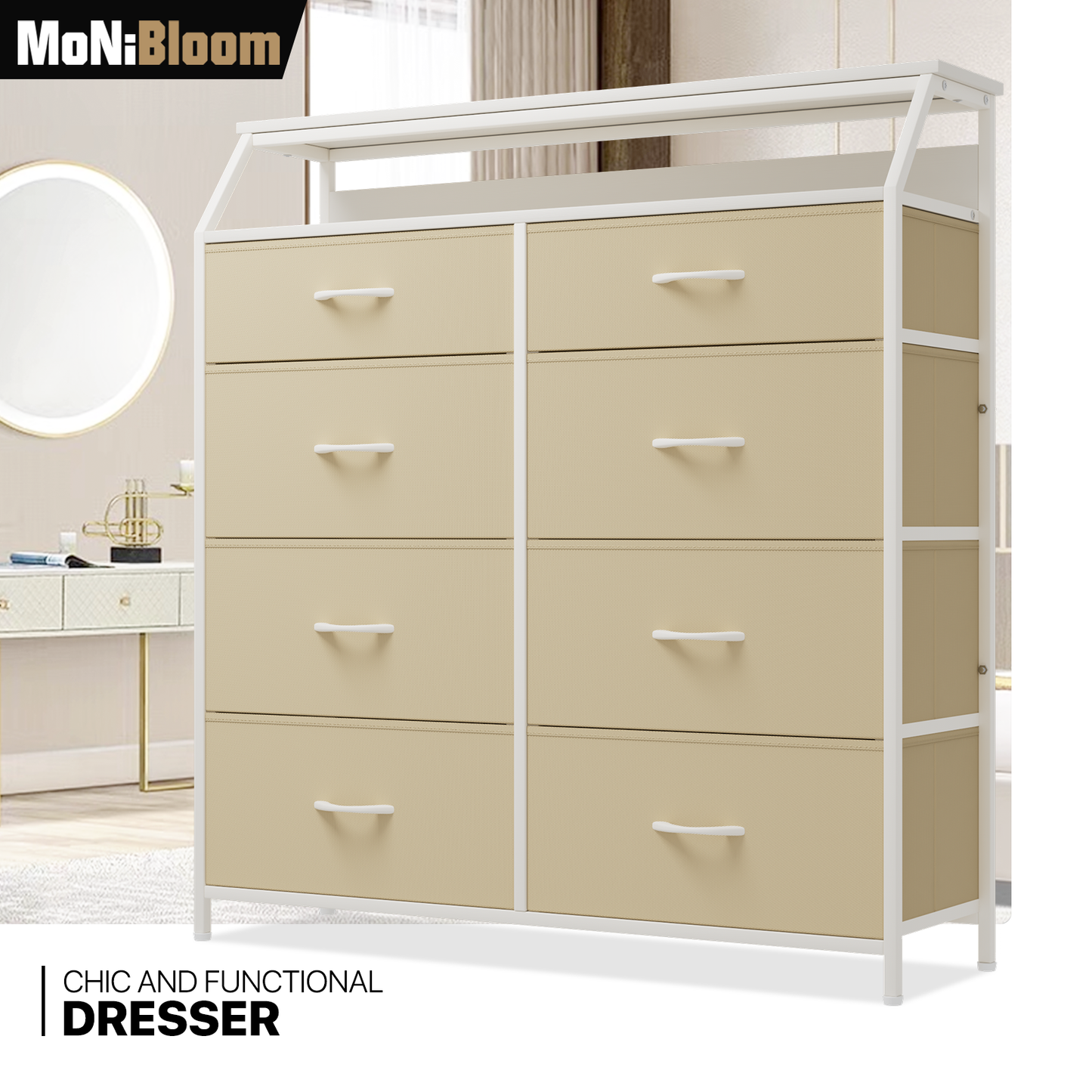 42.5" Height Dresser - 8 Fabric Drawer- Metal Frame - MDF Top