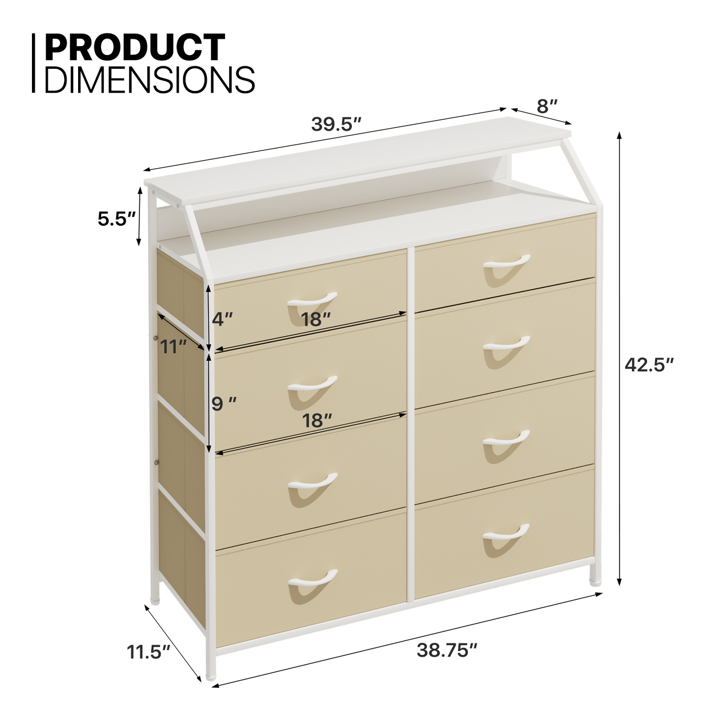 42.5" Height Dresser - 8 Fabric Drawer- Metal Frame - MDF Top